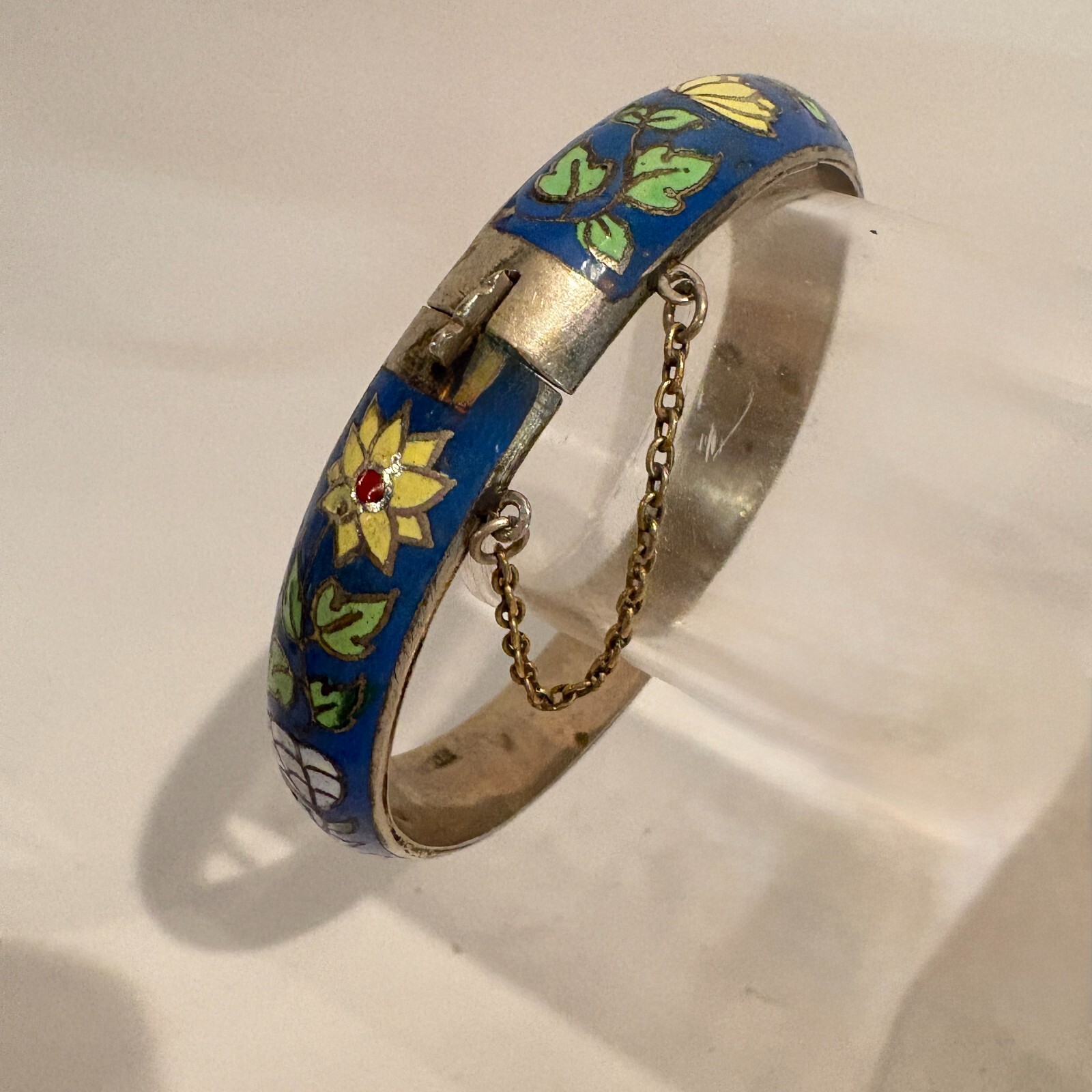 Vintage Sterling Silver Enameled Bracelet blue red yellow flowers 1930’S