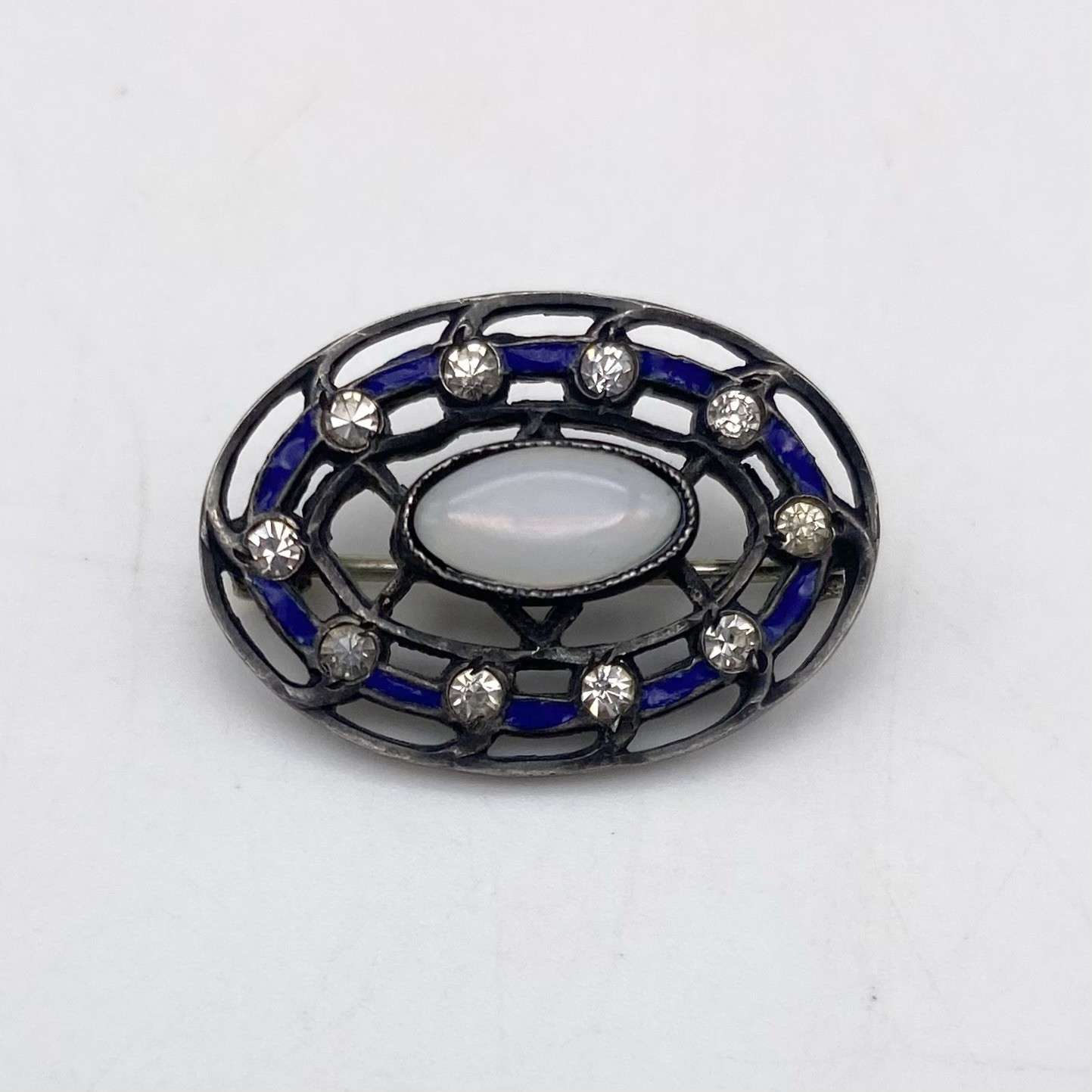 Vintage Art Deco Brooch Sterling Silver Metalwork Opalite Glass Cabochon Enamel