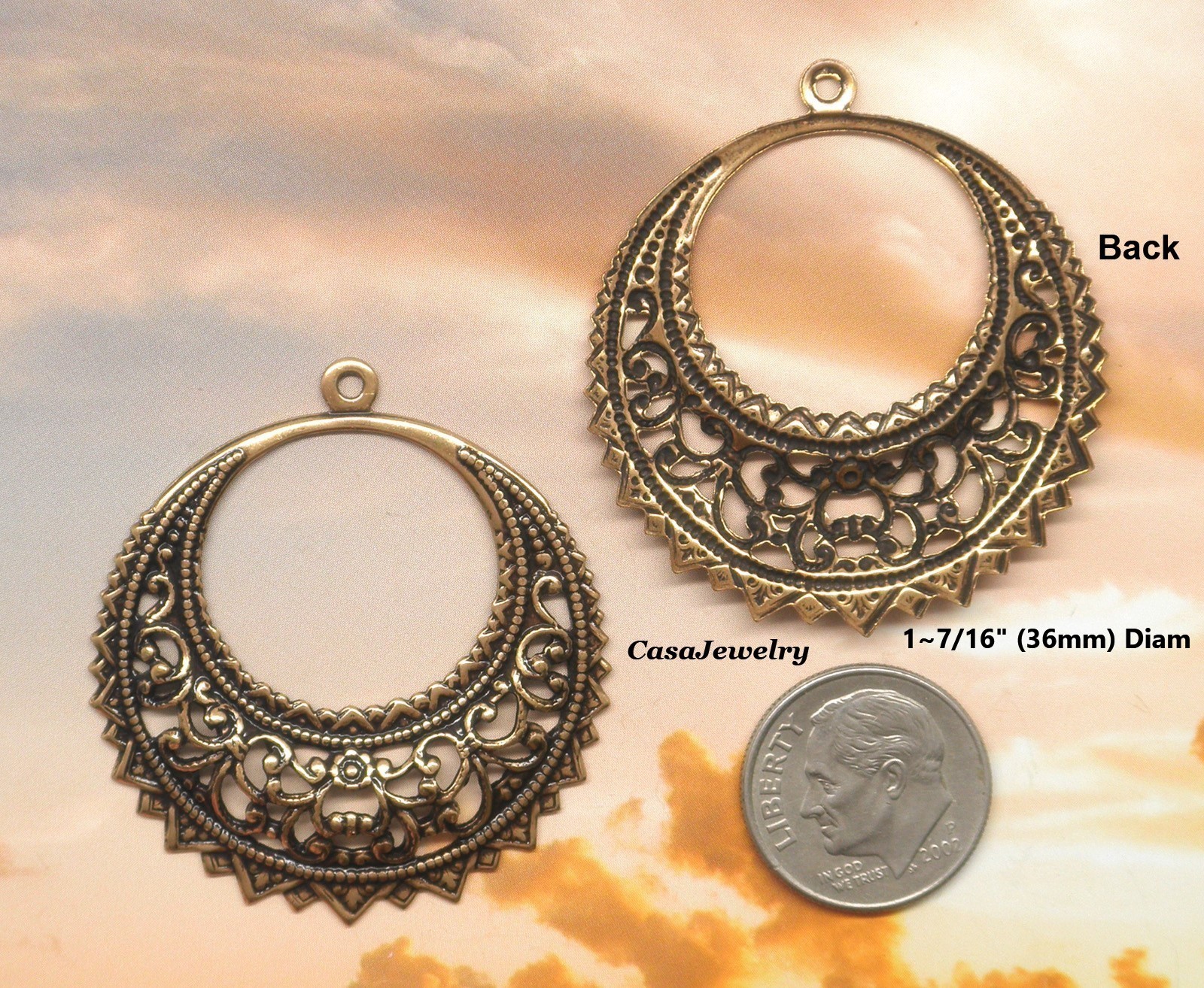 #0025 LARGE ANTIQUED GOLD ROUND OPEN FILIGREE W/TOP HANG RING – 2 Pc Lot