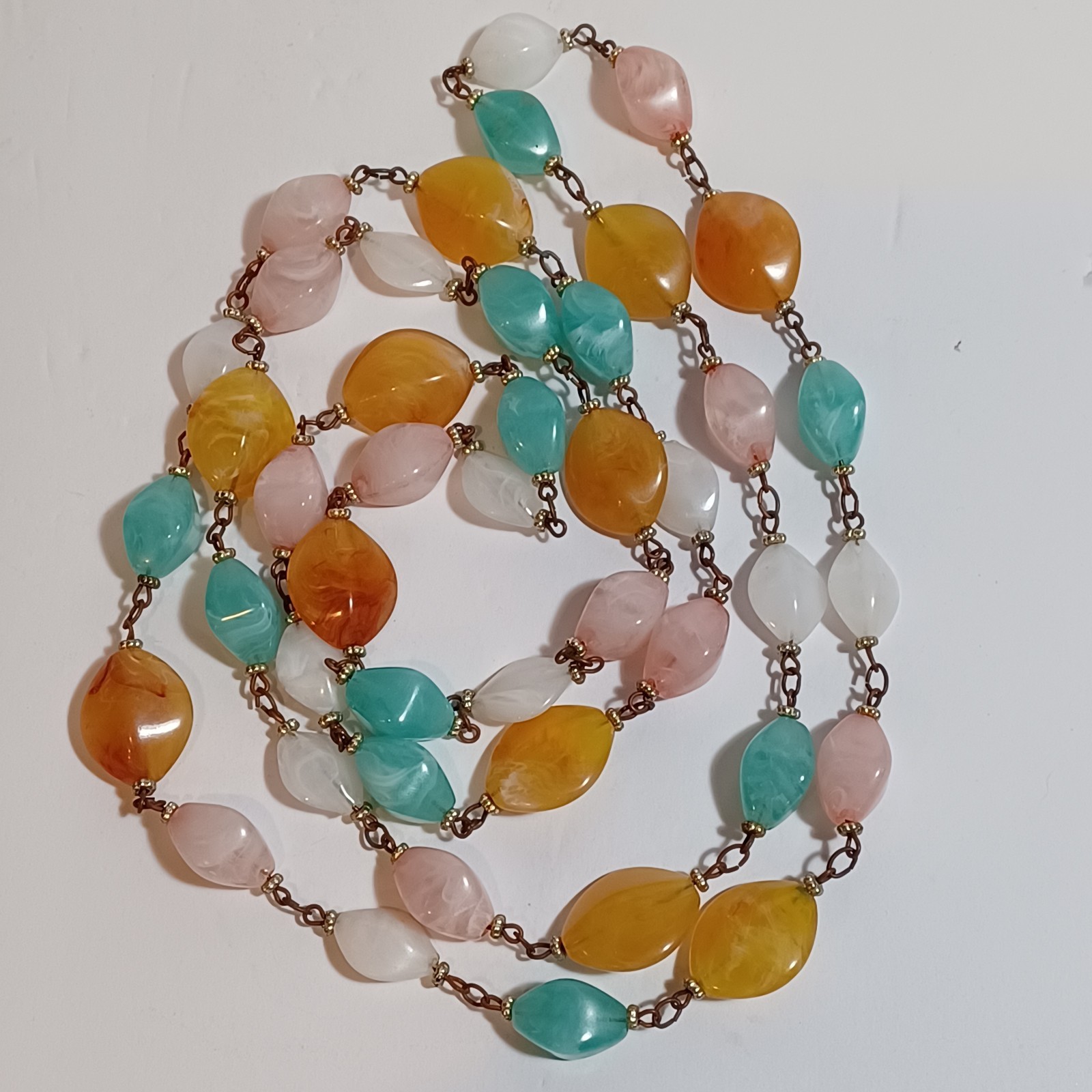 Pastel Marbled Plastic Resin Vtg Bead Chain Necklace 54in Pink, Mint, Amber, Wht