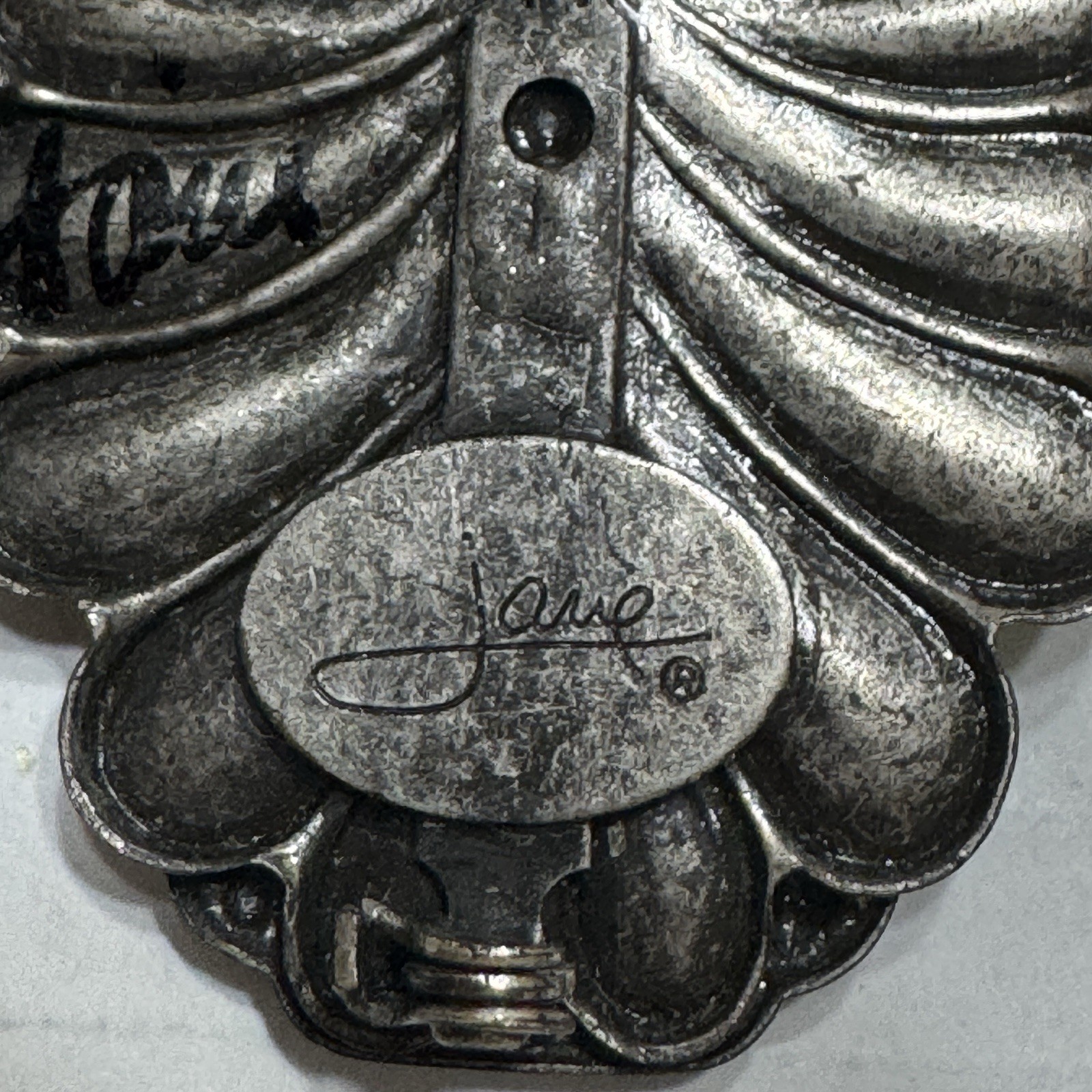Signed JANE AOL Silver Tone Ornate Angel BROOCH PIN Faux Pearl Stone Vtg