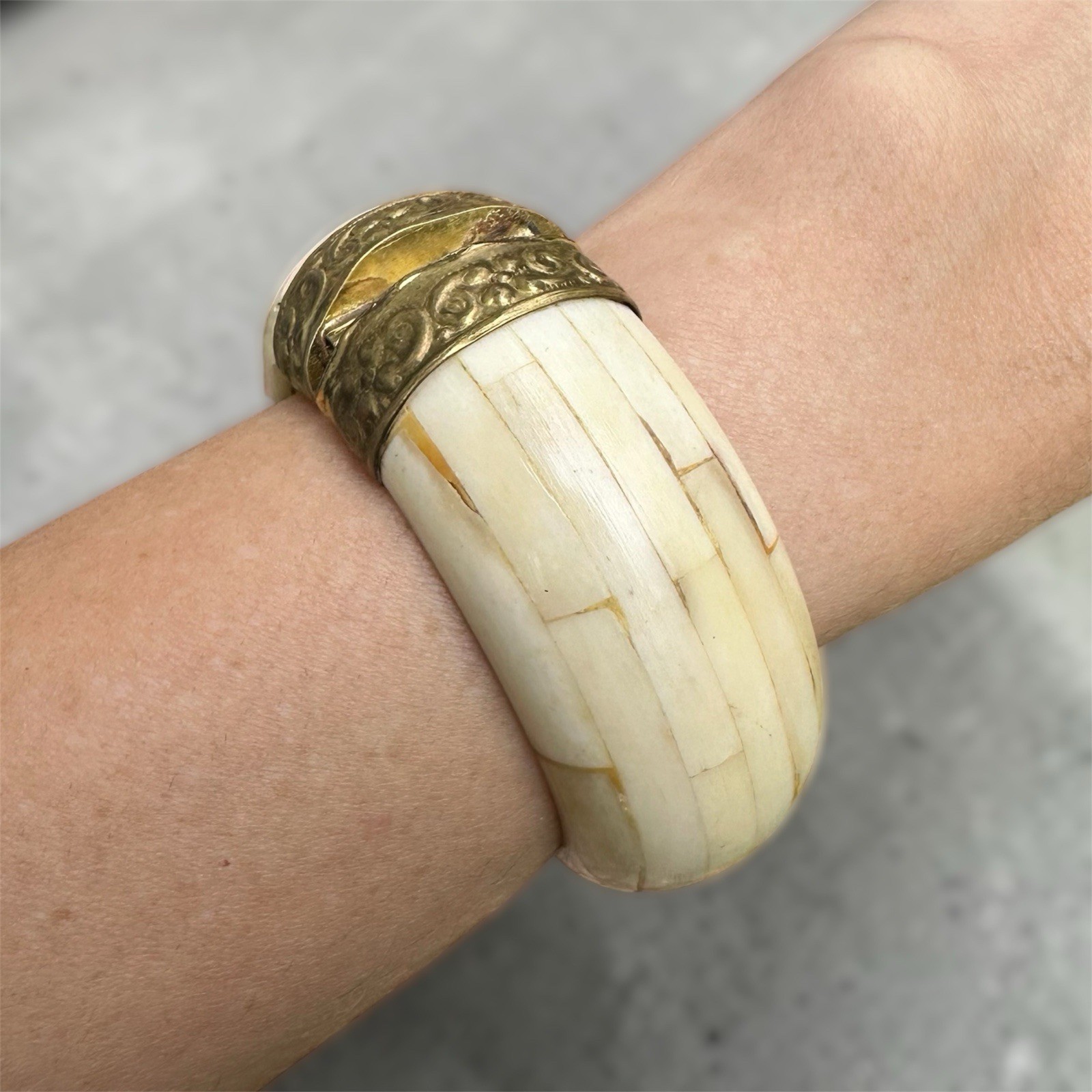 Vintage Bone Inlay Bangle Brass Hinge Bracelet Boho Statement Chunky Ethnic