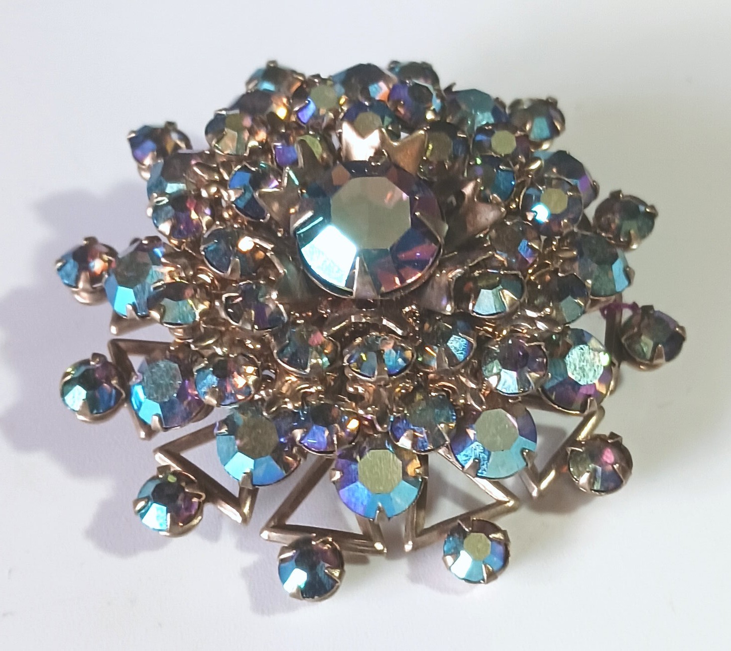 Vintage Layered Gold-tone Brooch w Purple-Blue Aurora Borealis Rhinestones