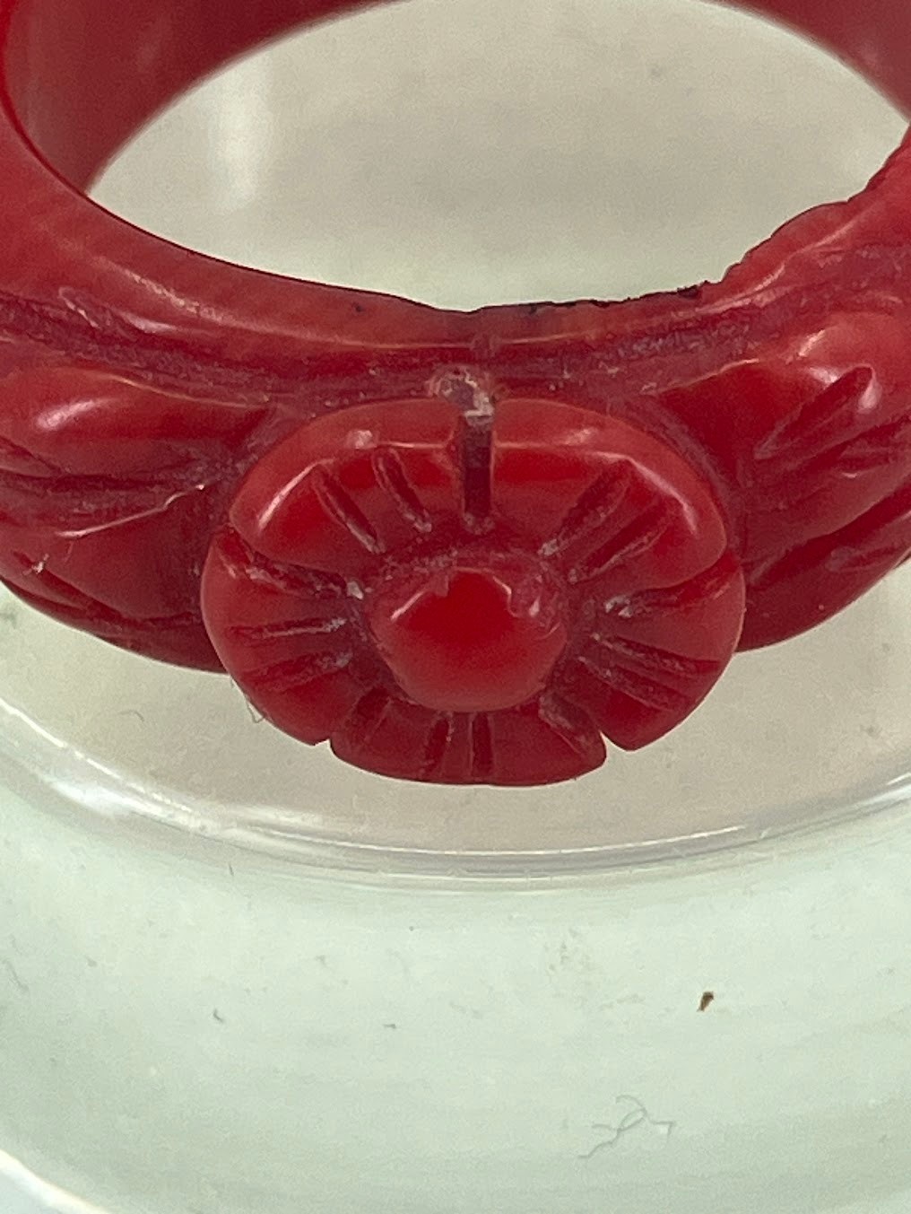 Vintage Coral Ring Carved Red Flower Sz 7.5 READ
