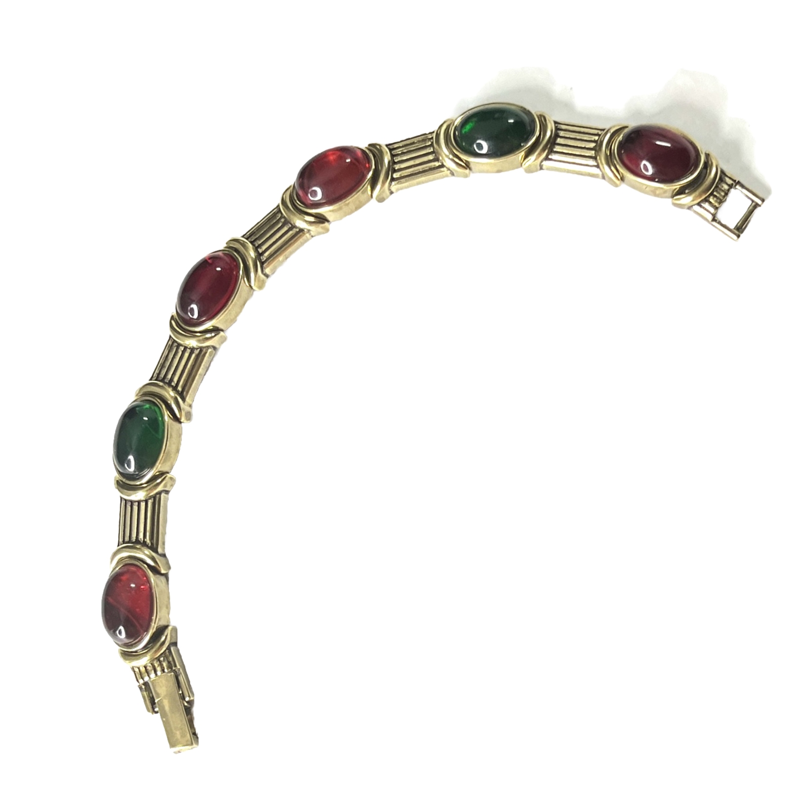 Gripoix Glass Cabochon Bracelet Gold Tone Red Green Mogul Jewel Art Deco Style
