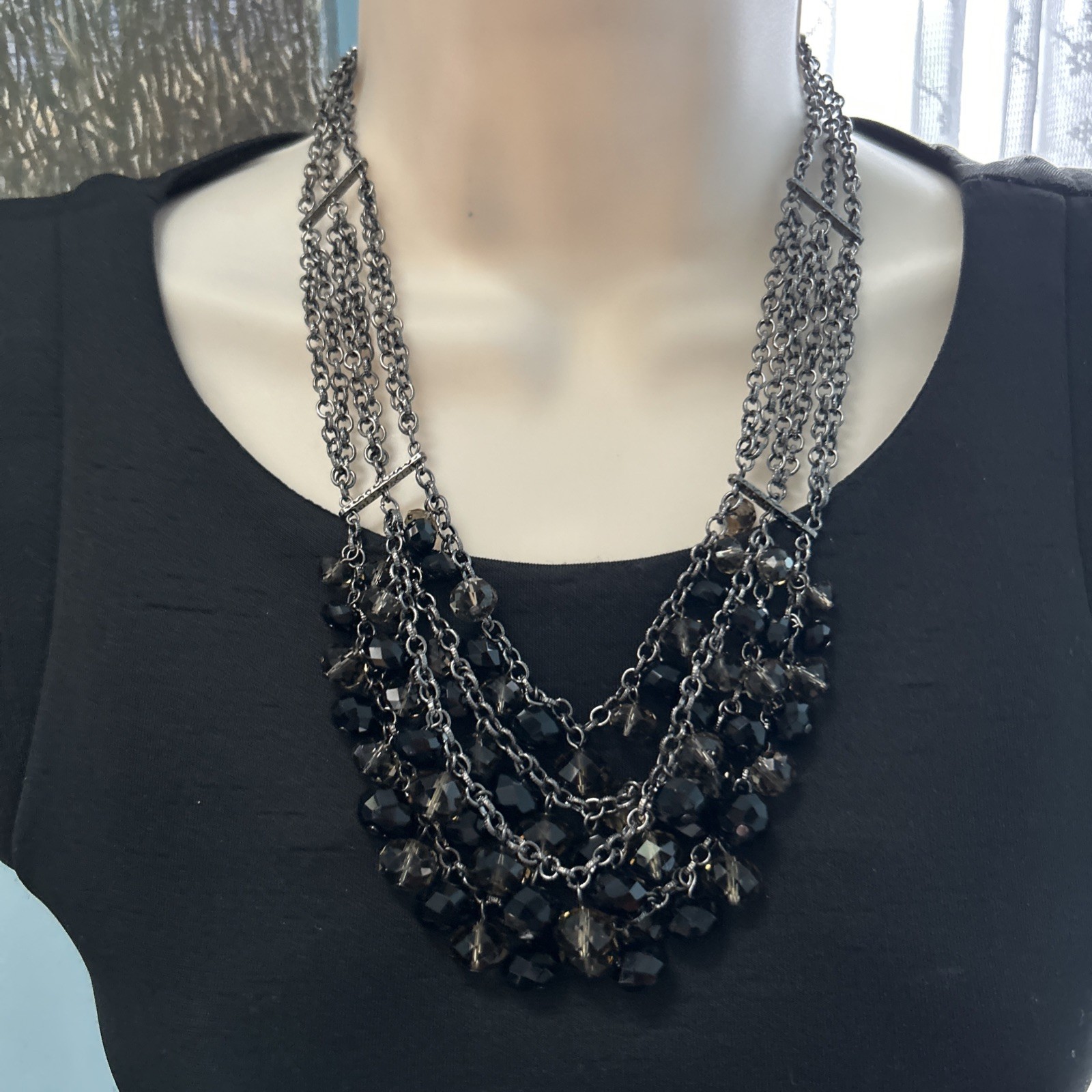 Designer NECKLACE Silver Toned 4 Strands Black/Clear Smokey Shiny Glass Beads
