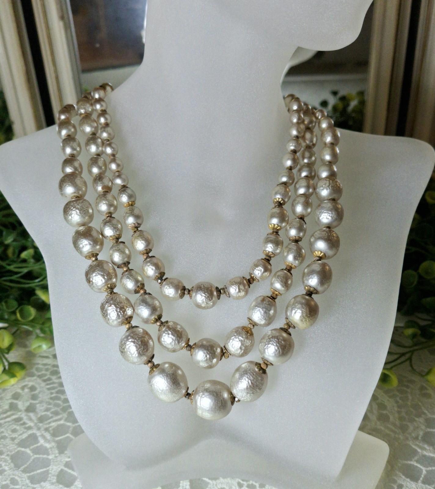 Early Signed Miriam Haskell 3 Strand Silver Niki Baroque Pearl Necklace