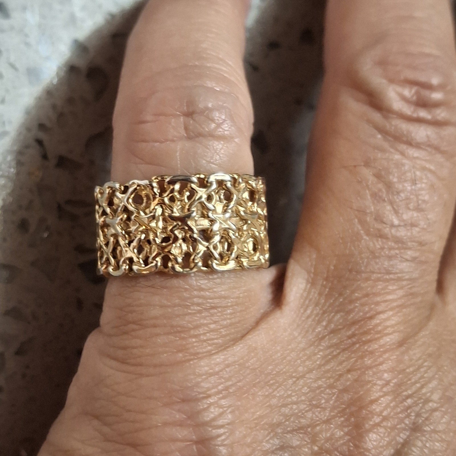 Vintage Brutalist Ring Wide Band Scroll Weave Gold Tone SZ6 Quality Handmade 60s