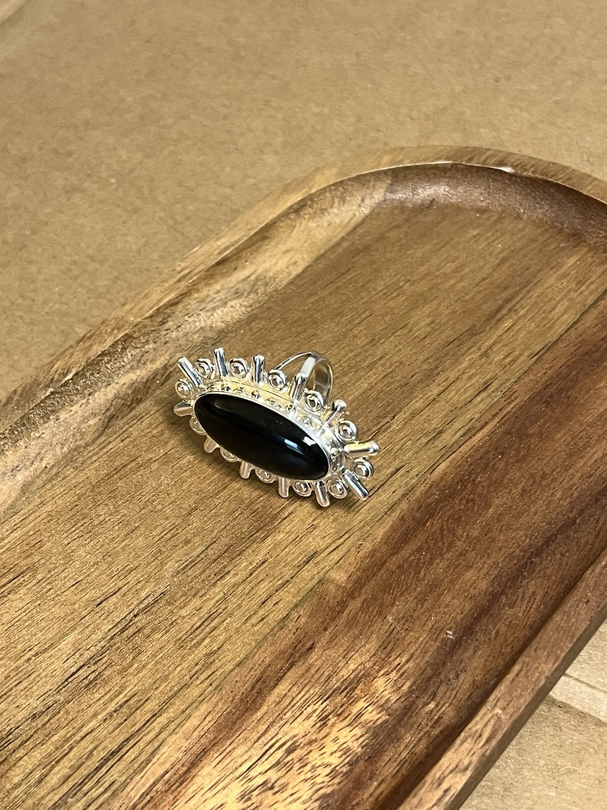 Vtg MEXICO Sterling Silver Black Onyx Large Oval Cabochon Split Band Ring Sz 6