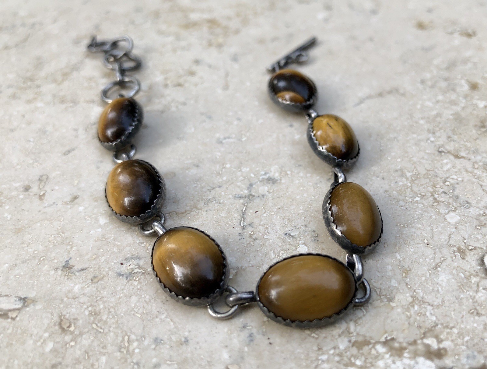 🐯🖤 ✨VINTAGE STERLING SILVER TIGER’S EYE OBSIDIAN Toggle Bracelet Set LOT ✨🖤🐯