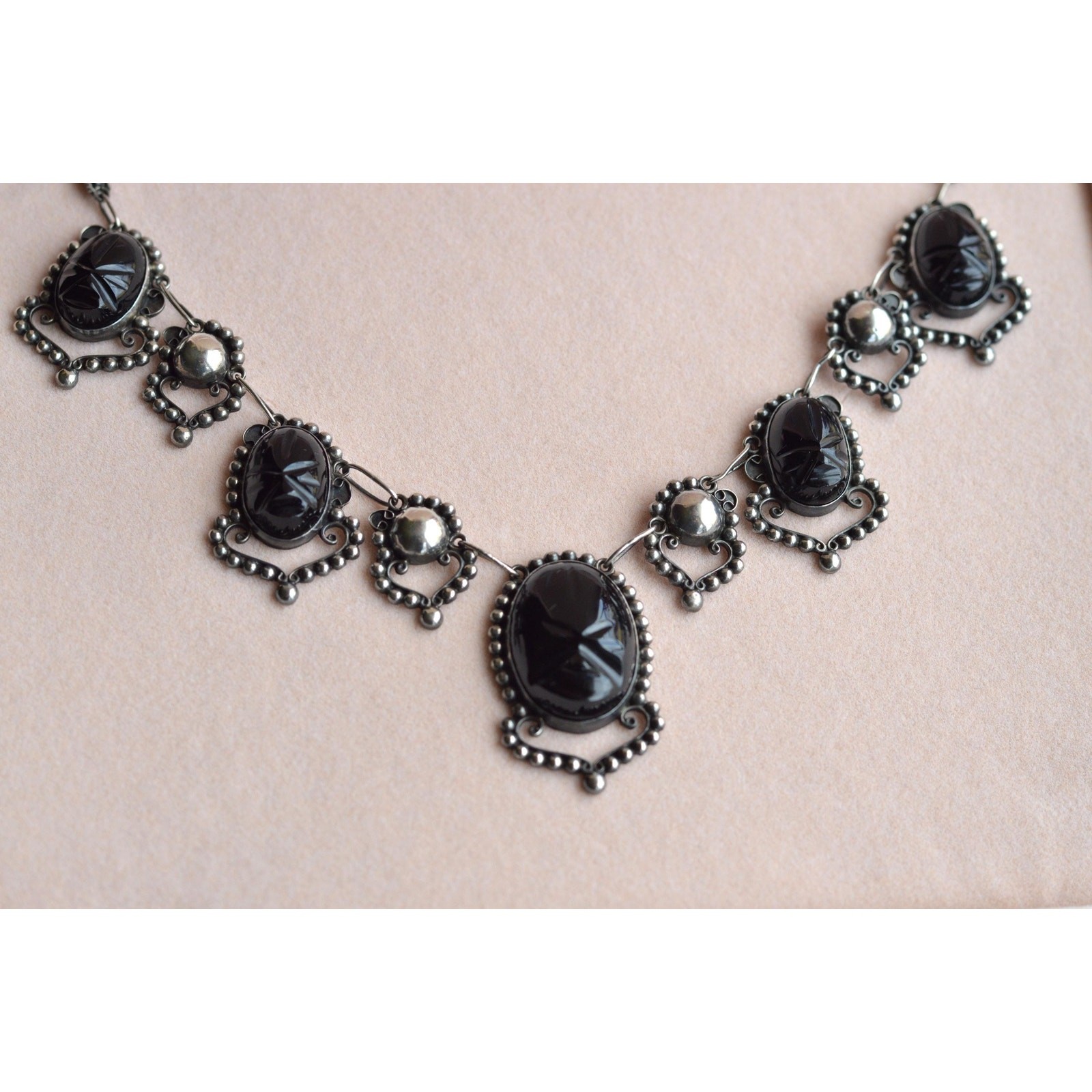 Vintage Mexican Sterling Silver Onyx Scarab Necklace – Signed JJG Co Mexico 925