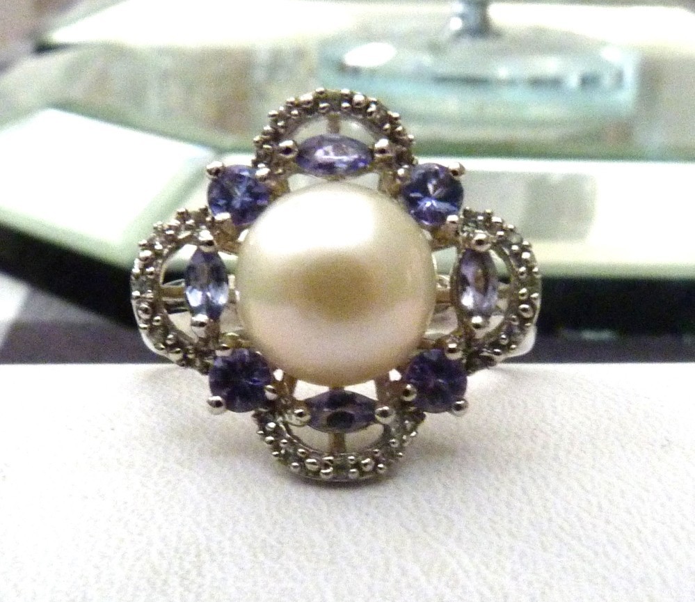 DESIGNER HT 9.5MM LARGE CULTURED PEARL AMETHYST GEMS STERLING SILVER RING SZ 10