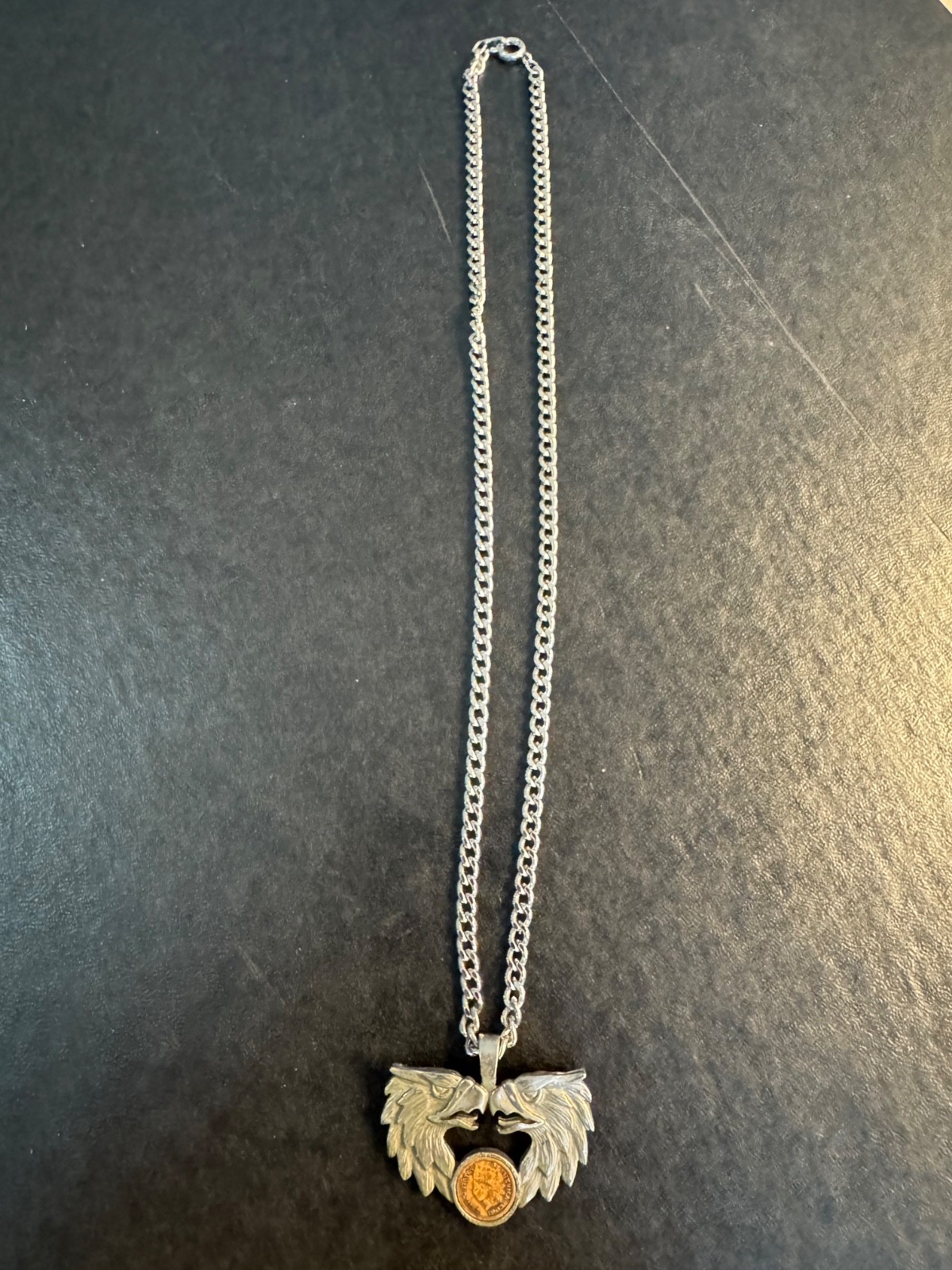 Vintage 1984 Silvertone Double Head Eagle with Indian Head Penny Pendant