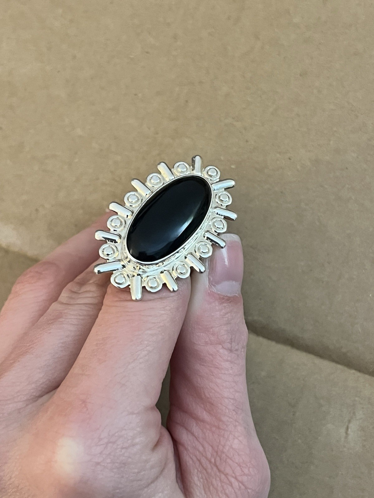 Vtg MEXICO Sterling Silver Black Onyx Large Oval Cabochon Split Band Ring Sz 6