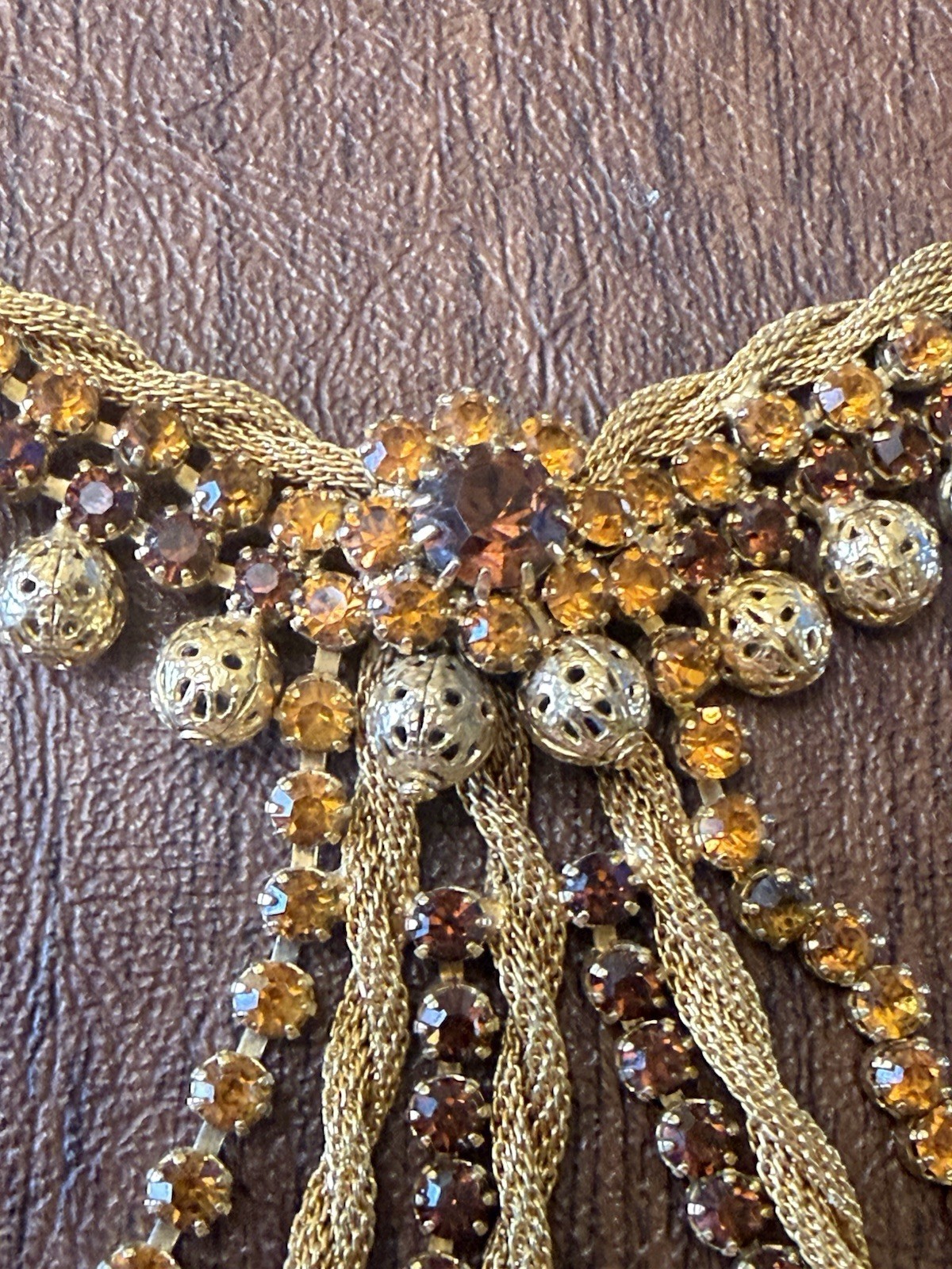 Vintage Choker By St Labre Runway Look! Gold Beads Amber Rhinestones Stunning