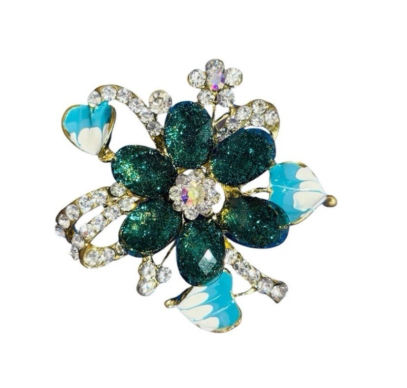 Y2K Vintage Floral Jewel Metal Alloy Brooch Blue Green Elegant 80s Style Chic