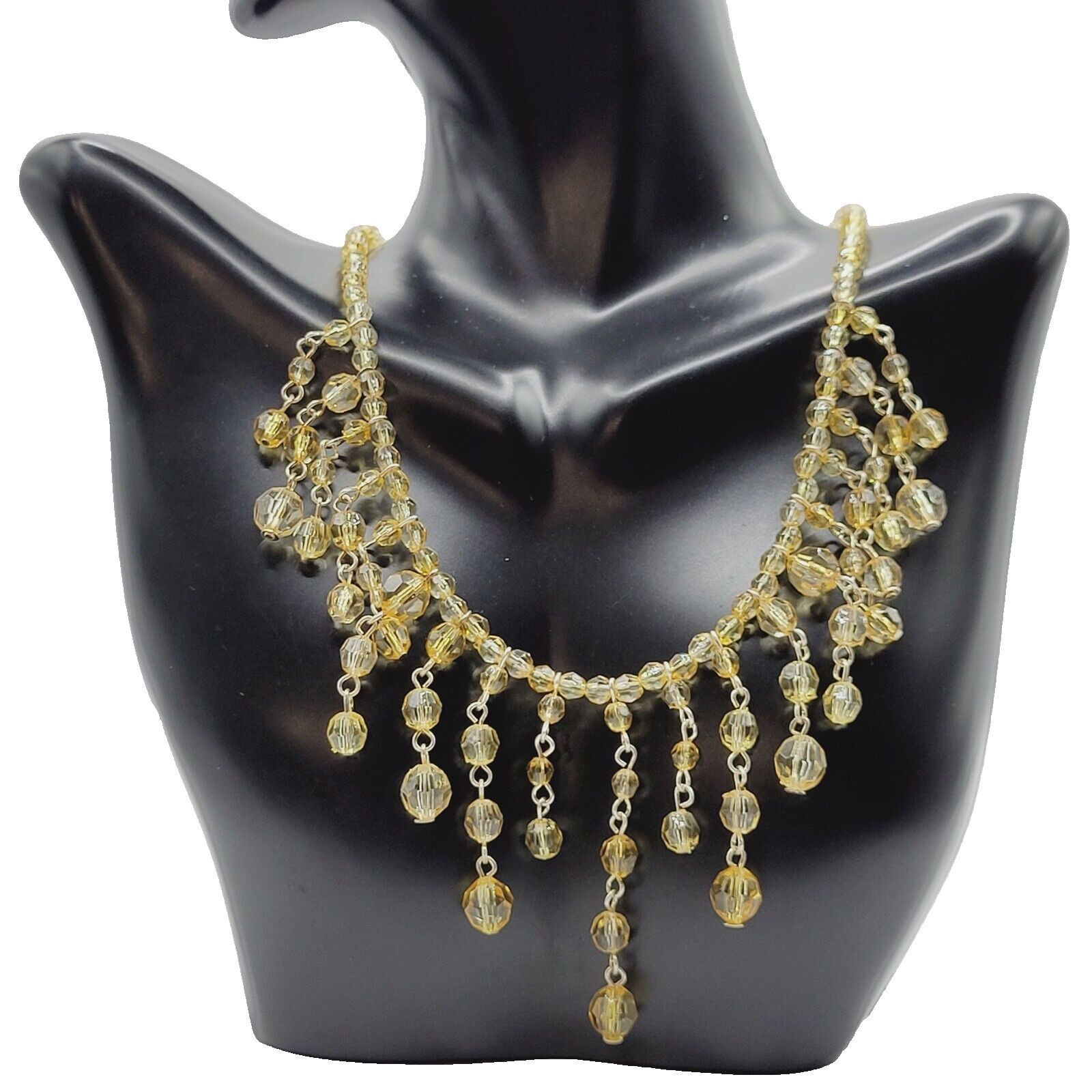 Fringe Bead Necklace Acrylic Light Gold Amber Champagne Fancy Costume Necklace