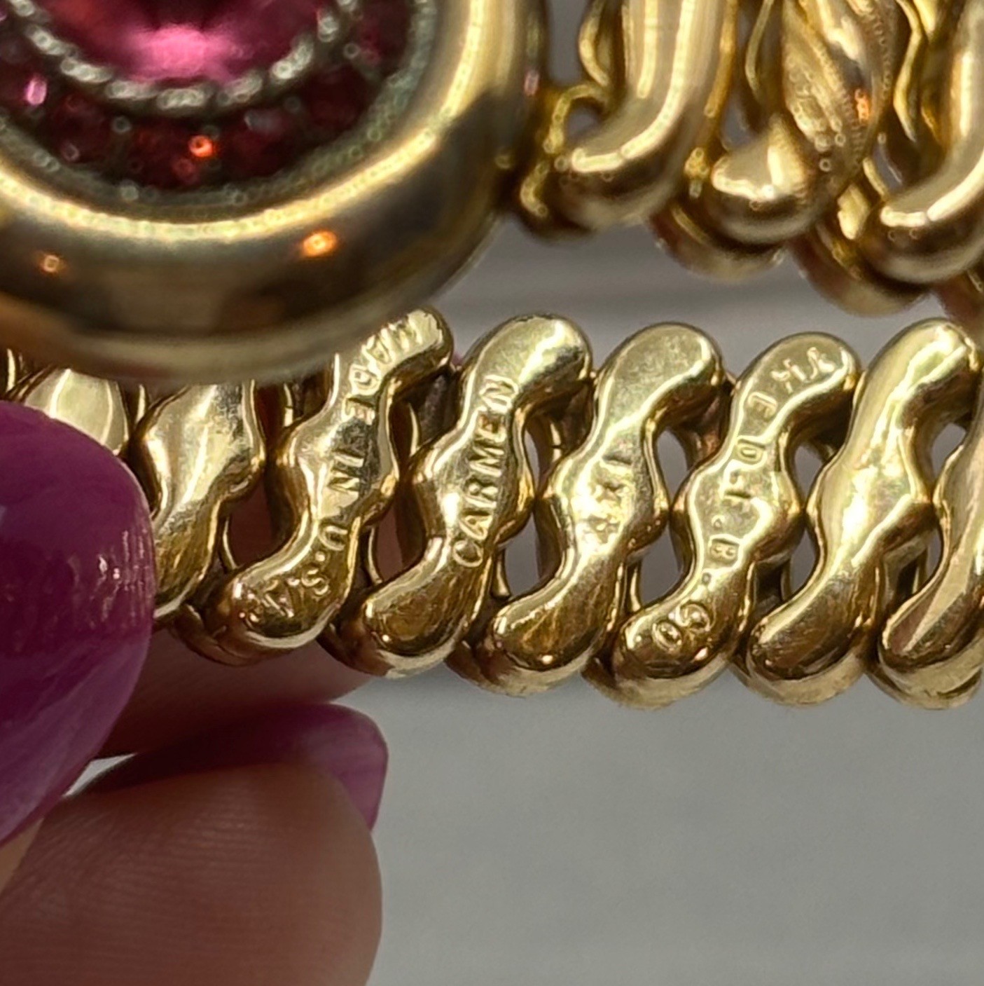 Carmen Gold Filled Sweetheart Bracelet Pink Rhinestones Retro DFB Co USA