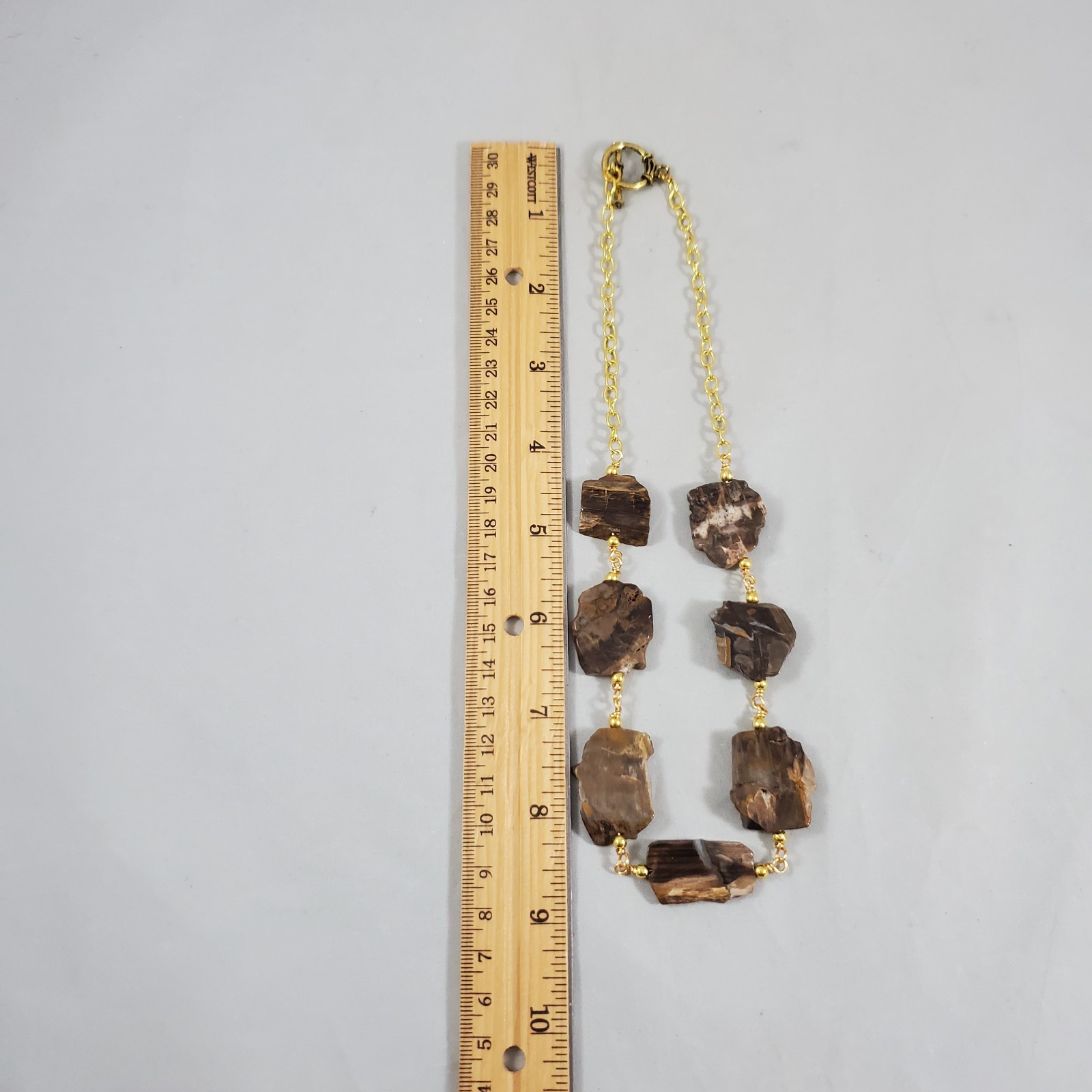 Polished Petrified Wood 7 Slices Gemstone Gold Tone Collar Necklace Vintage