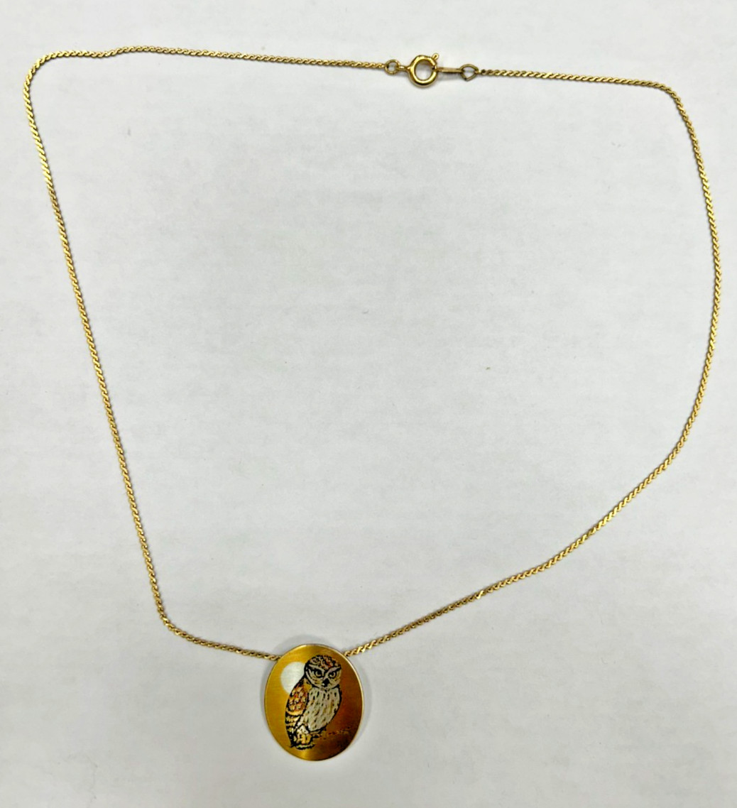 Vintage Signed Reed & Barton Owl Damascene Gold Tone Necklace 18 In