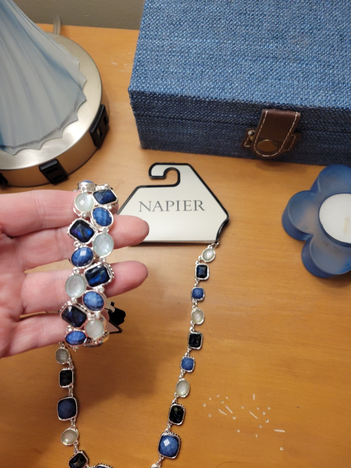 Napier Silver Tone Blue Simulated Stone Necklace & Matching Stretch Bracelet