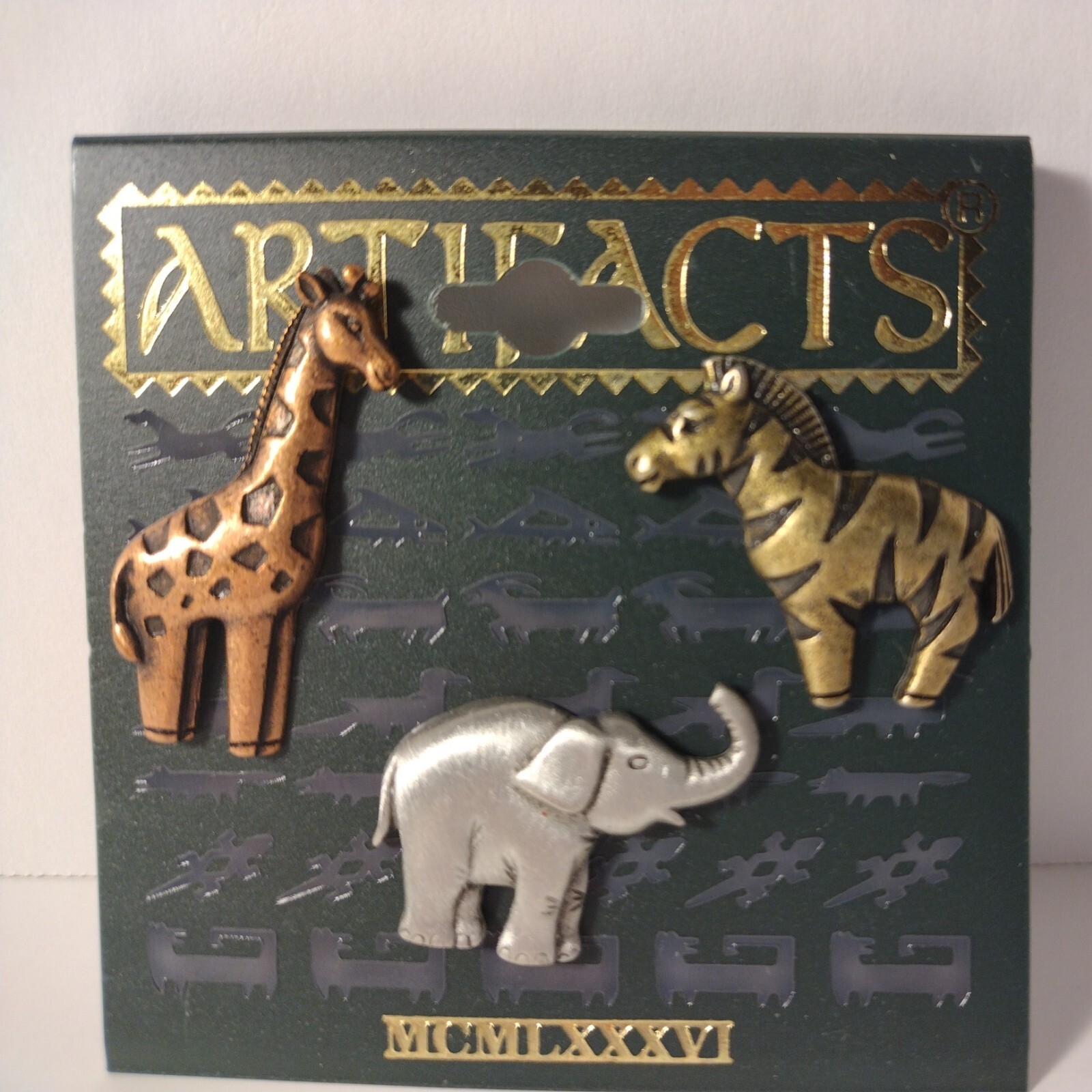 Giraffe Zebra Elephant Silver Bronze & Gold Tone Pins Three Artifacts Animals