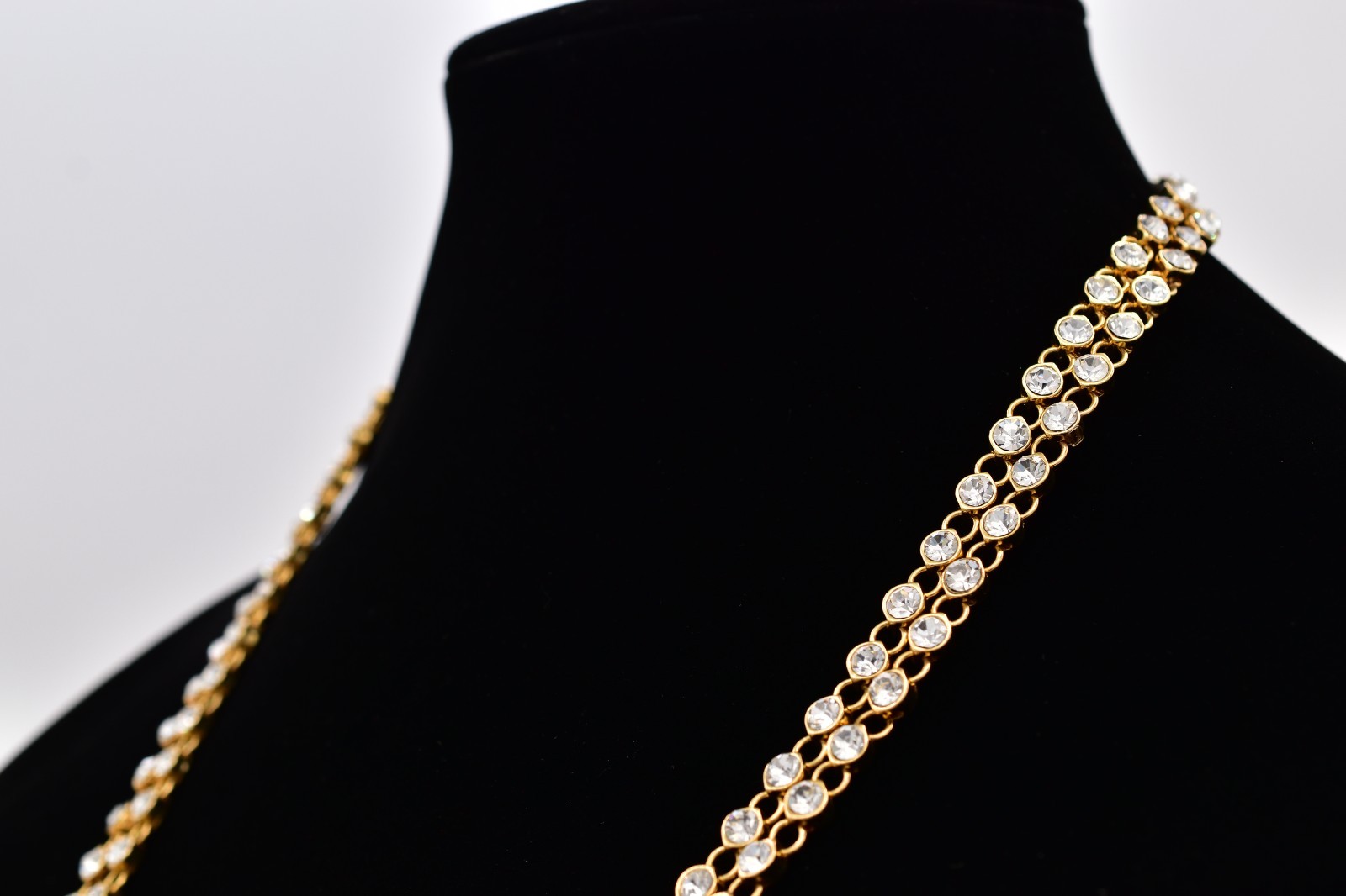 Vintage 50″ Gold Tone Clear Rhinestone Long Necklace Sparkle Crystal 1990s Bin3D