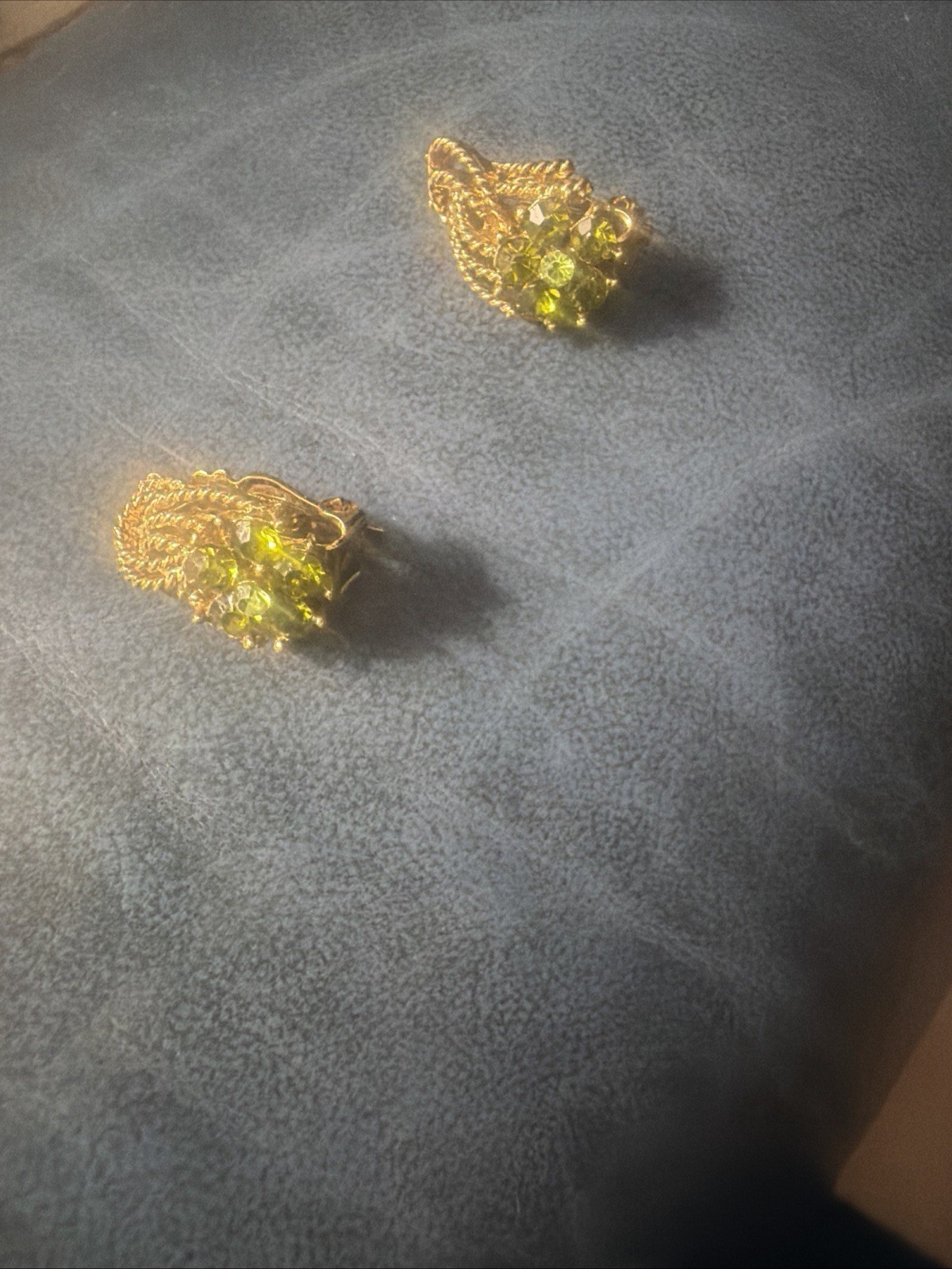 Green Rhinestone flower Cluster Clip On Gold Tone Earrings