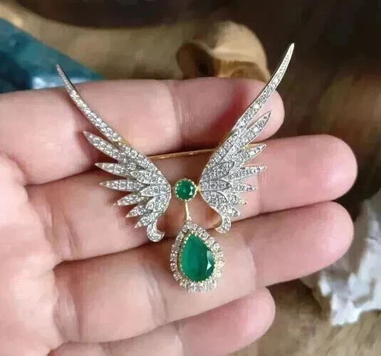 4Ct Pear Cut Lab Created Emerald Diamond Wedding Brooch 14K Yellow Gold Plated