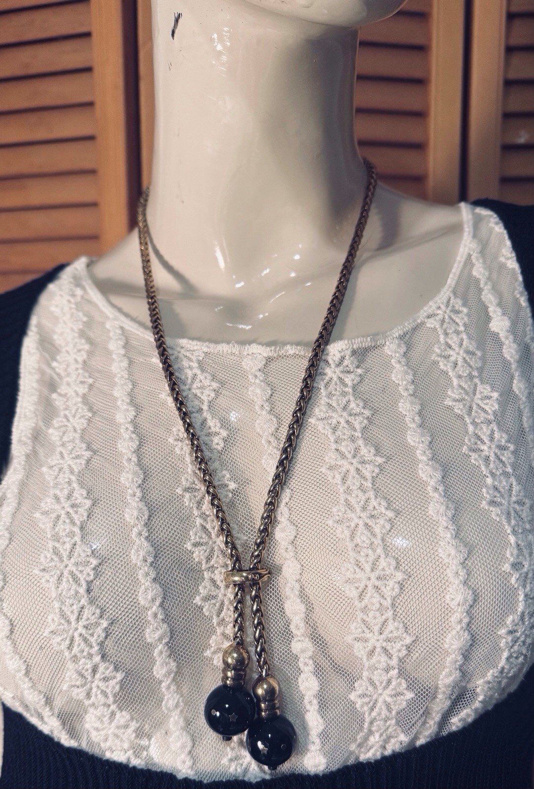 Vintage TALY 925 STERLING 78g Italy BOLO Wheat Chain Necklace Bijoux?Onyx Balls