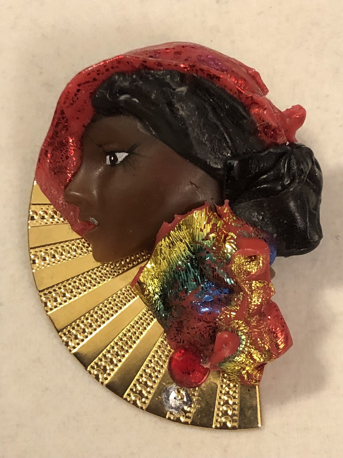 Vintage F Jaretta Lady Head Face Brooch Pin Oil Slick Woman Of Color African