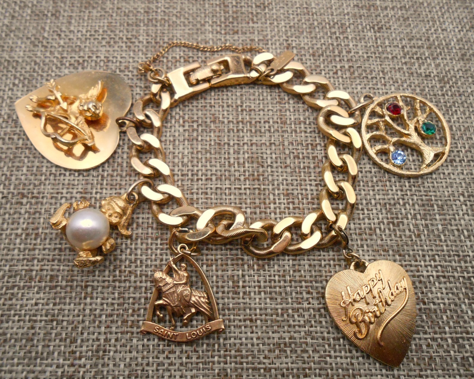 MONET Charm Bracelet & 5 Charms Birthday GF St Louis Family Tree Cupid Elf N30