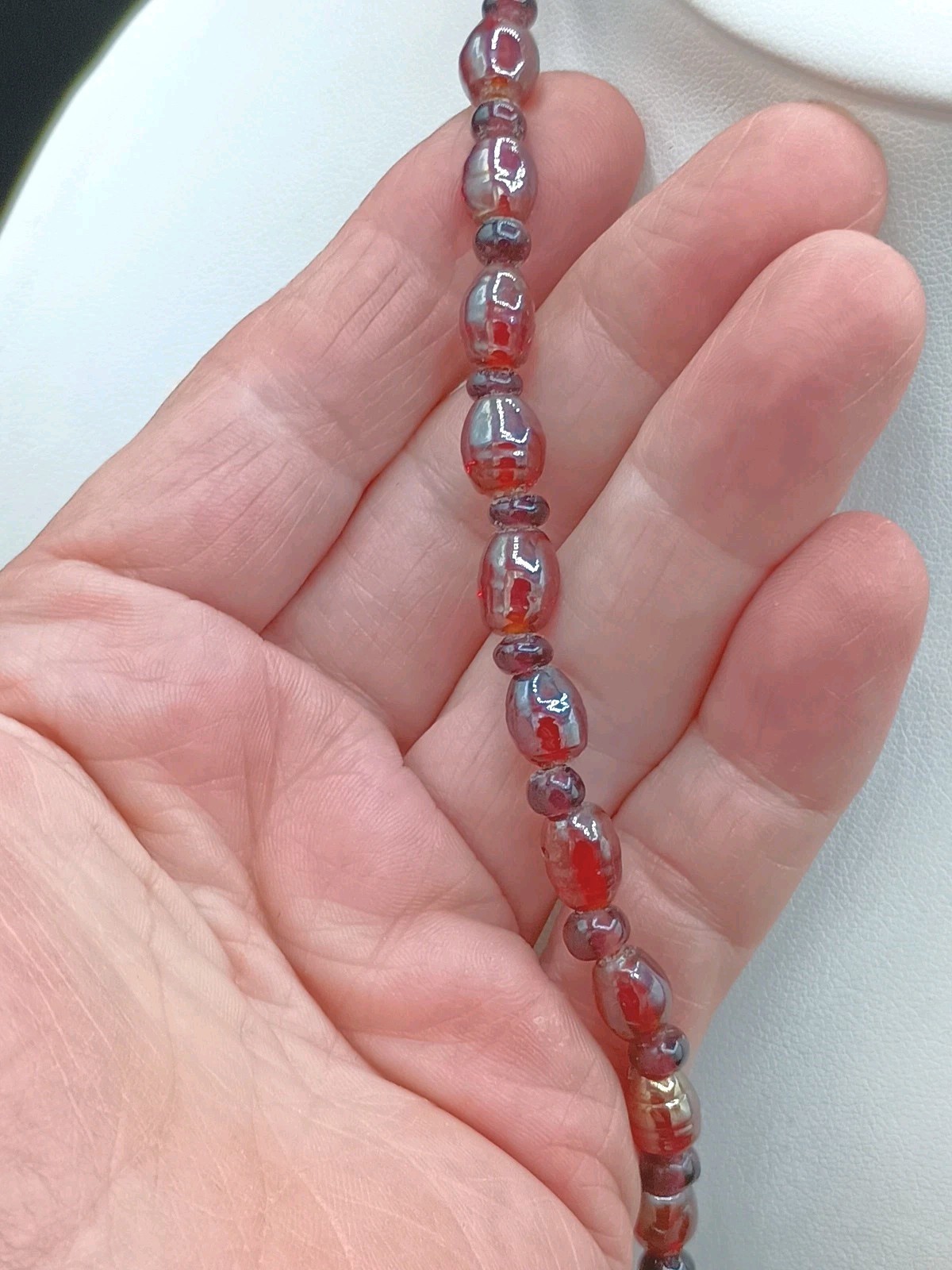 Antique Glass Necklace Beaded Purple Red Opalescent Y Dangle Barrel Clasp 18″
