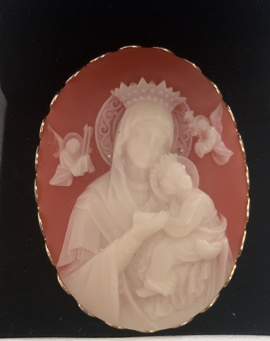 Coral Cameo Brooch Our Lady Perpetual Help Adoring Angels Mary Jesus Religious