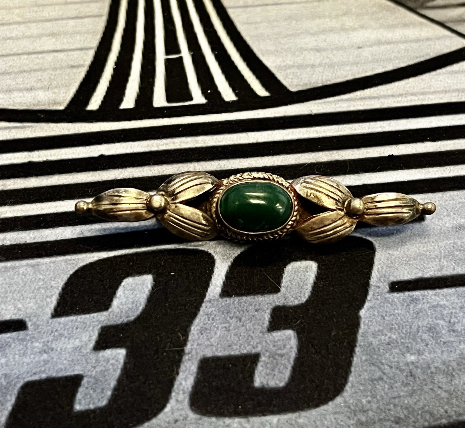 Antique Silver Bar Brooch with Green Center Stone – C Clasp