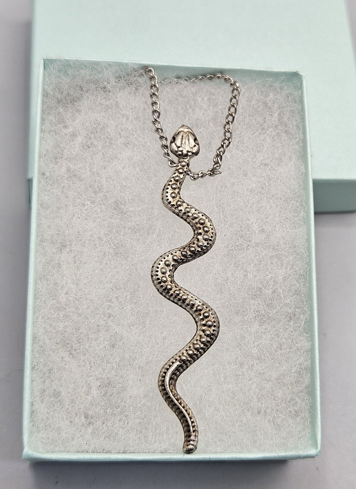 Vintage Snake Pendant Necklace Silver Tone Serpent Choker Chain 15″