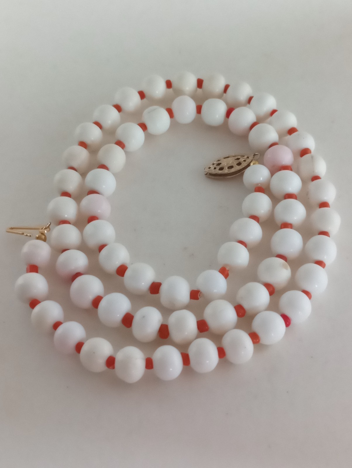 Estate 14K/20 GF Conch Shell White Coral Red Coral Necklace Earrings 30G 18″Long