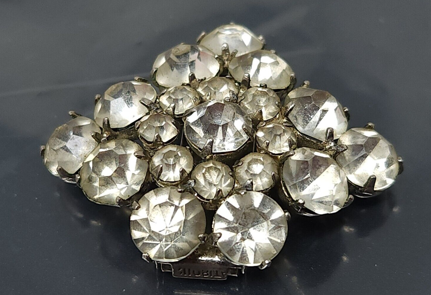 Vintage White Rhinestone Silver tone Clip on Brooch