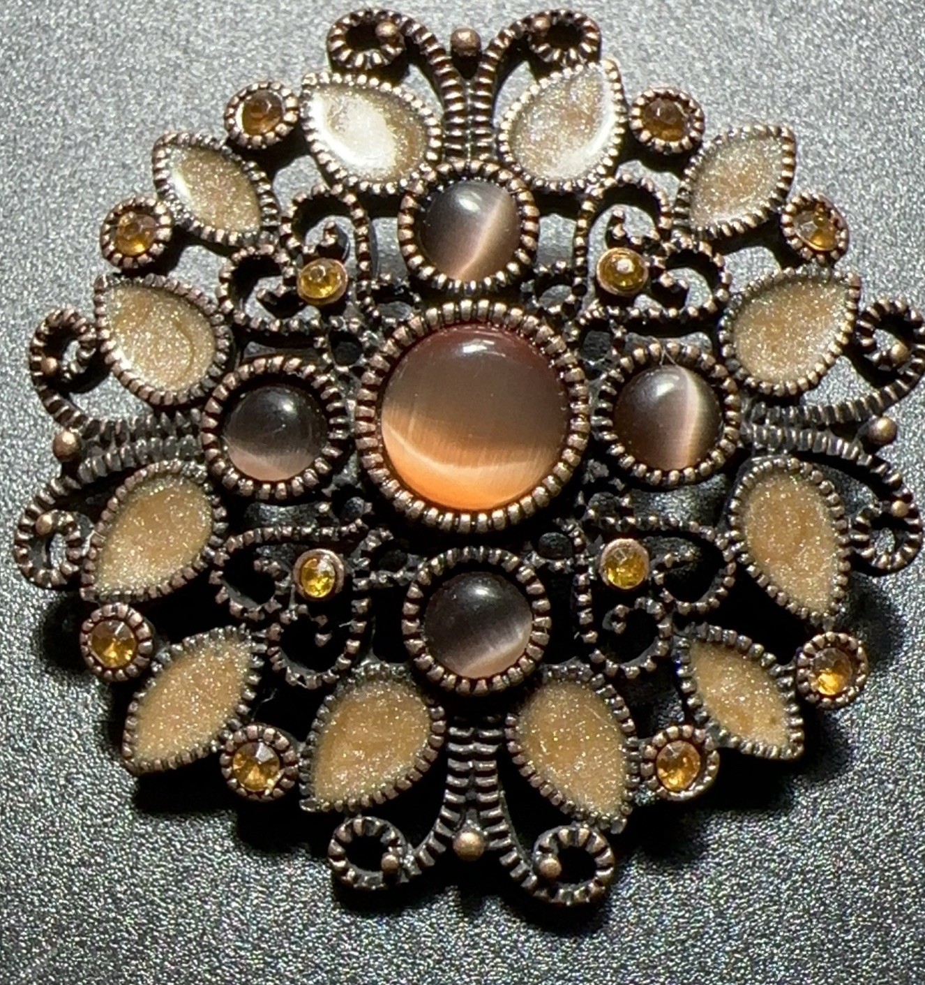 Vintage Bronze Color Cabochons Enamel Filigree Style Domed Brooch