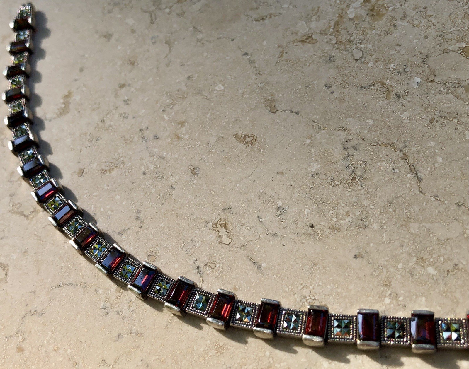 ❤️✨VINTAGE Sterling Silver EMERALD CUT GARNET & MARCASITE ESTATE Tennis Bracelet