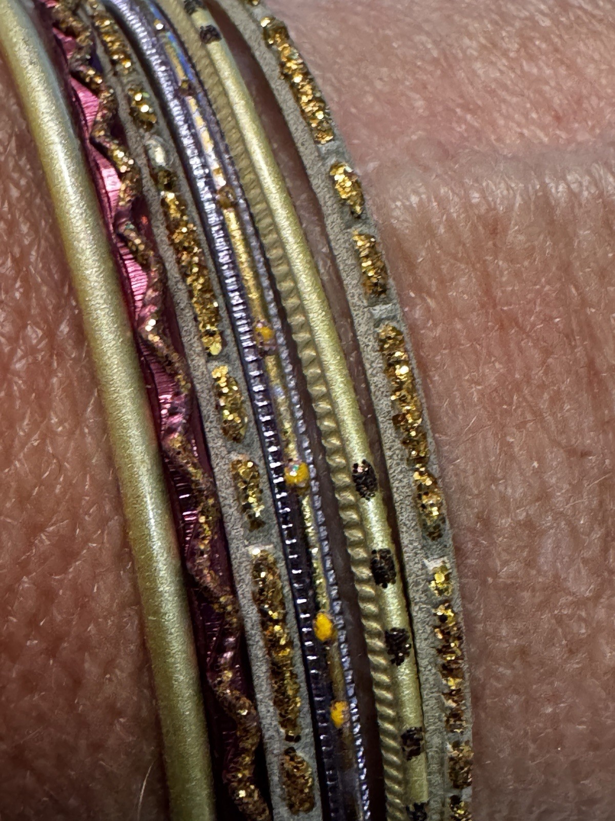Lot of 6 Bangle Bracelets Gold Tone Stackable Boho Retro Multi Color Bollywood