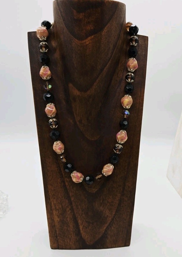 Necklace Amber Brown Peach Multicolored Glass Beaded Signed JAPAN 21 in