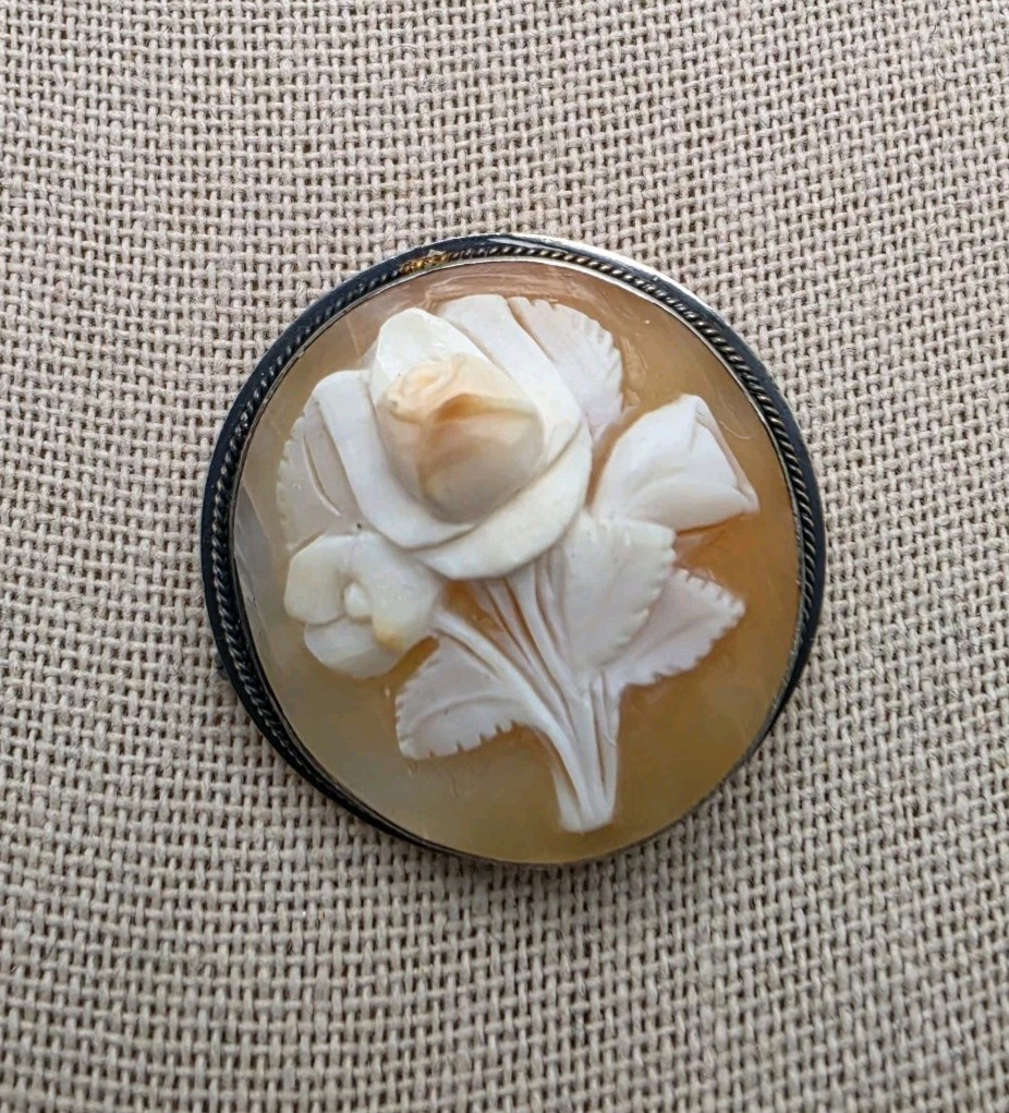 Vtg Carved Rose Shell Cameo Brooch Pendant 900? Silver 1″ Round See Pic