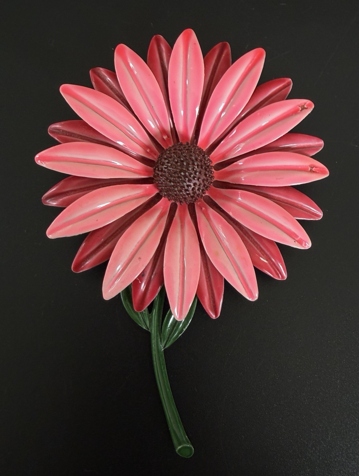 1960s Pink Enamel Celluloid Daisy Flower Brooch Pin Large Mod Statement 4 3/4”!