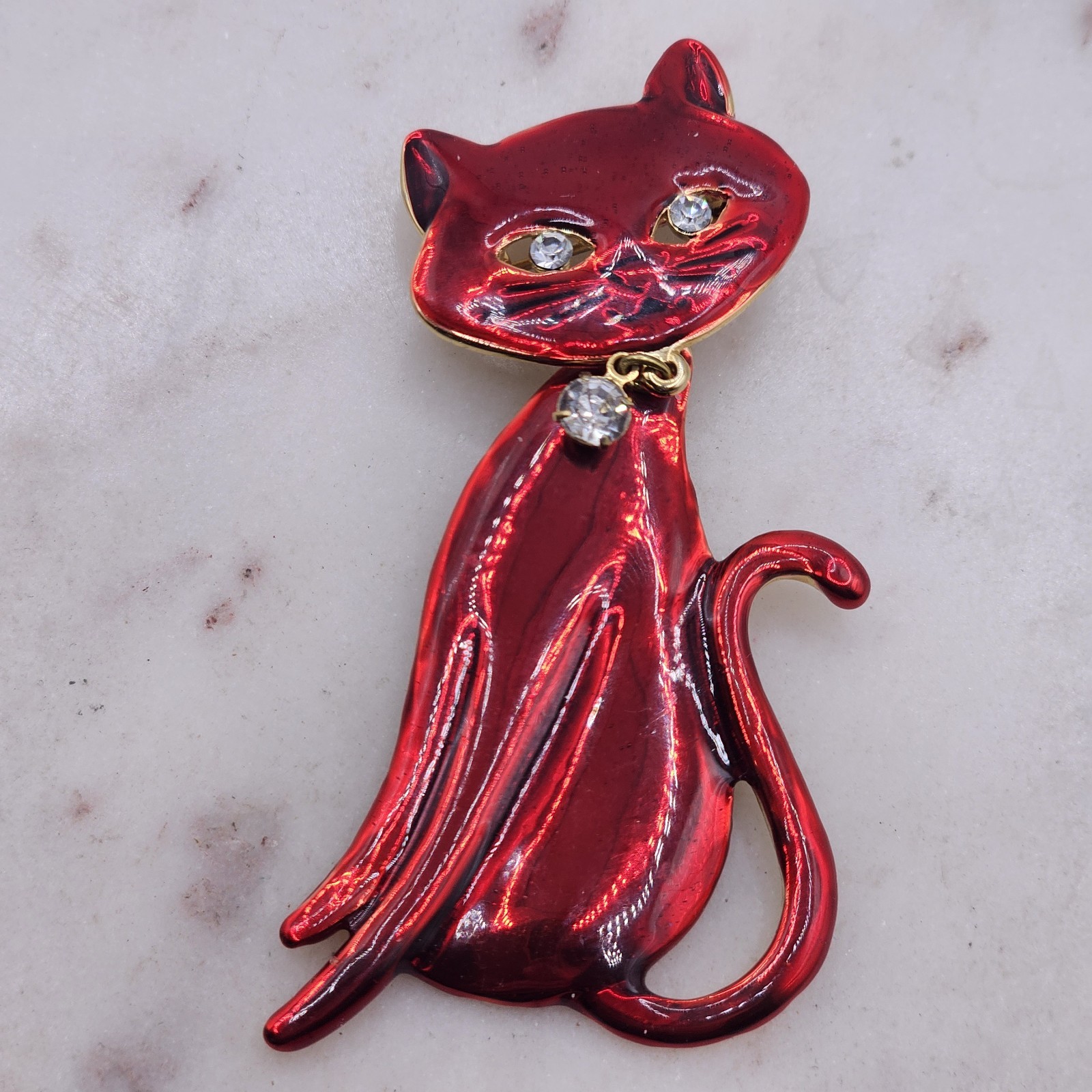 Vintage Red Enamel Articulated Cat Brooch Rhinestone Kitty Pin Retro MCM Kitsch