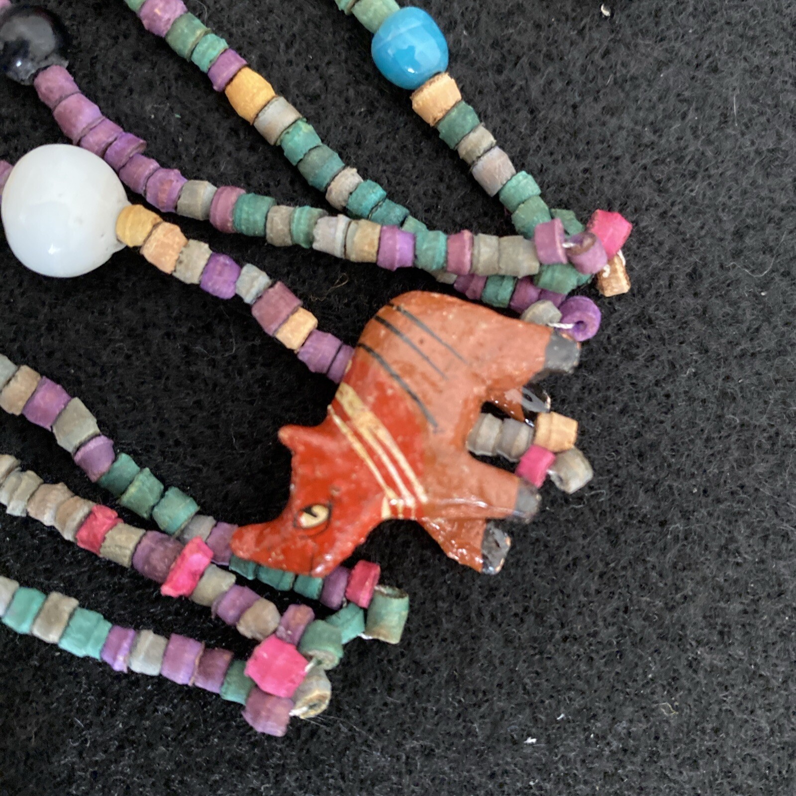 Vintage African Multi-Strand Wooden Carved Animal & Beads Necklace Earrings Set