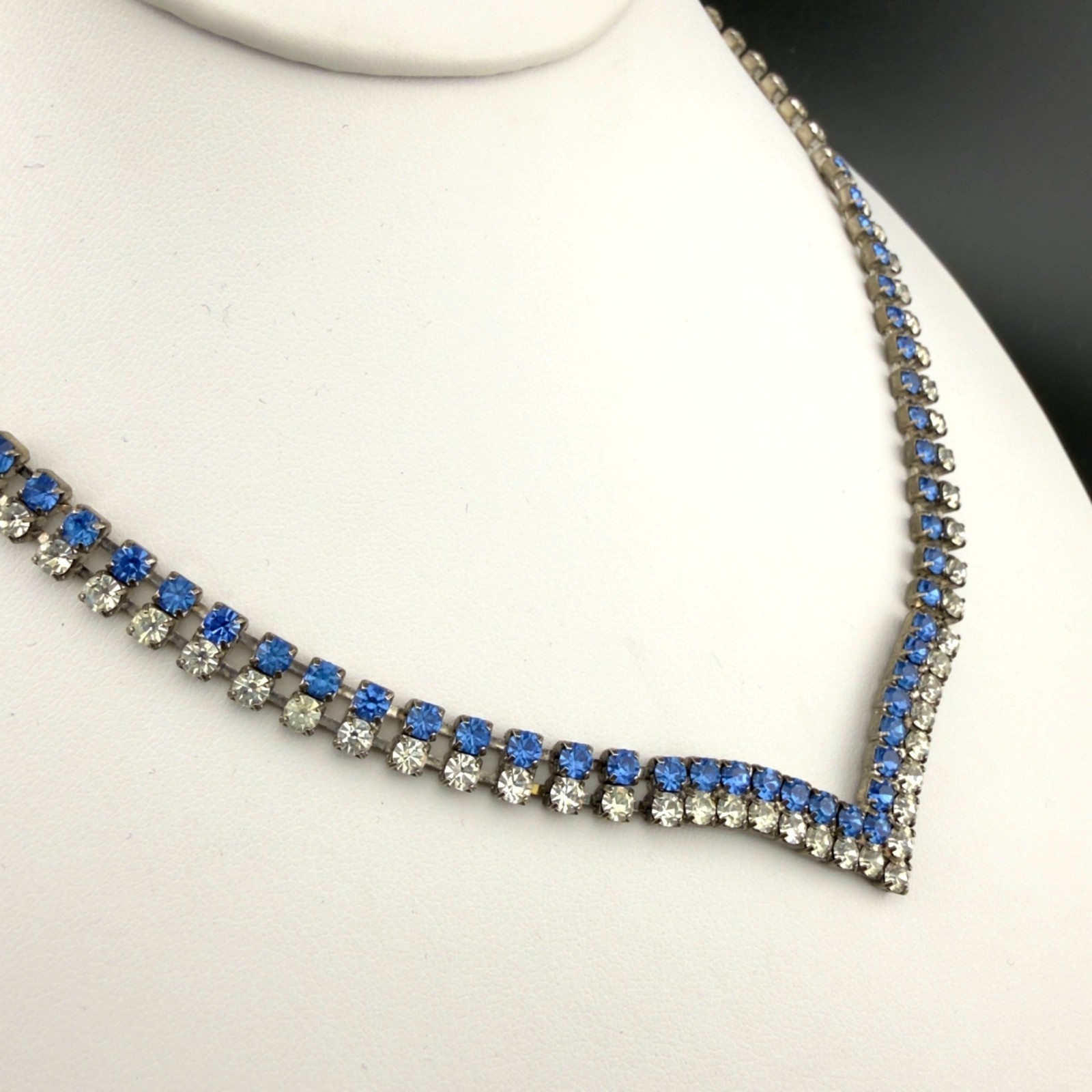 Vintage Blue Clear Rhinestone Necklace V Shape Silver Tone 16-Inch