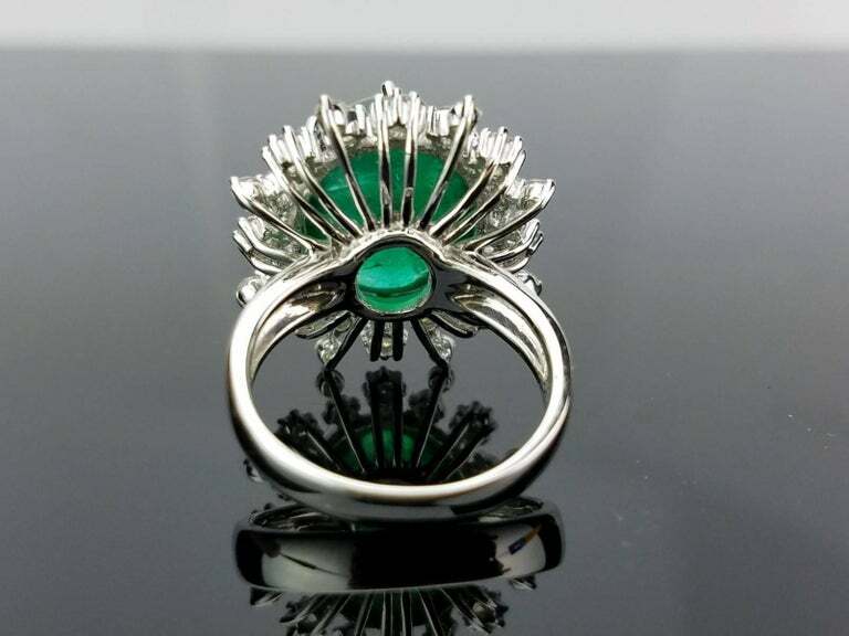 Light Deep Green 13.04 Carat Cabochon Emerald and 1.21CT Round CZ Cocktail Ring
