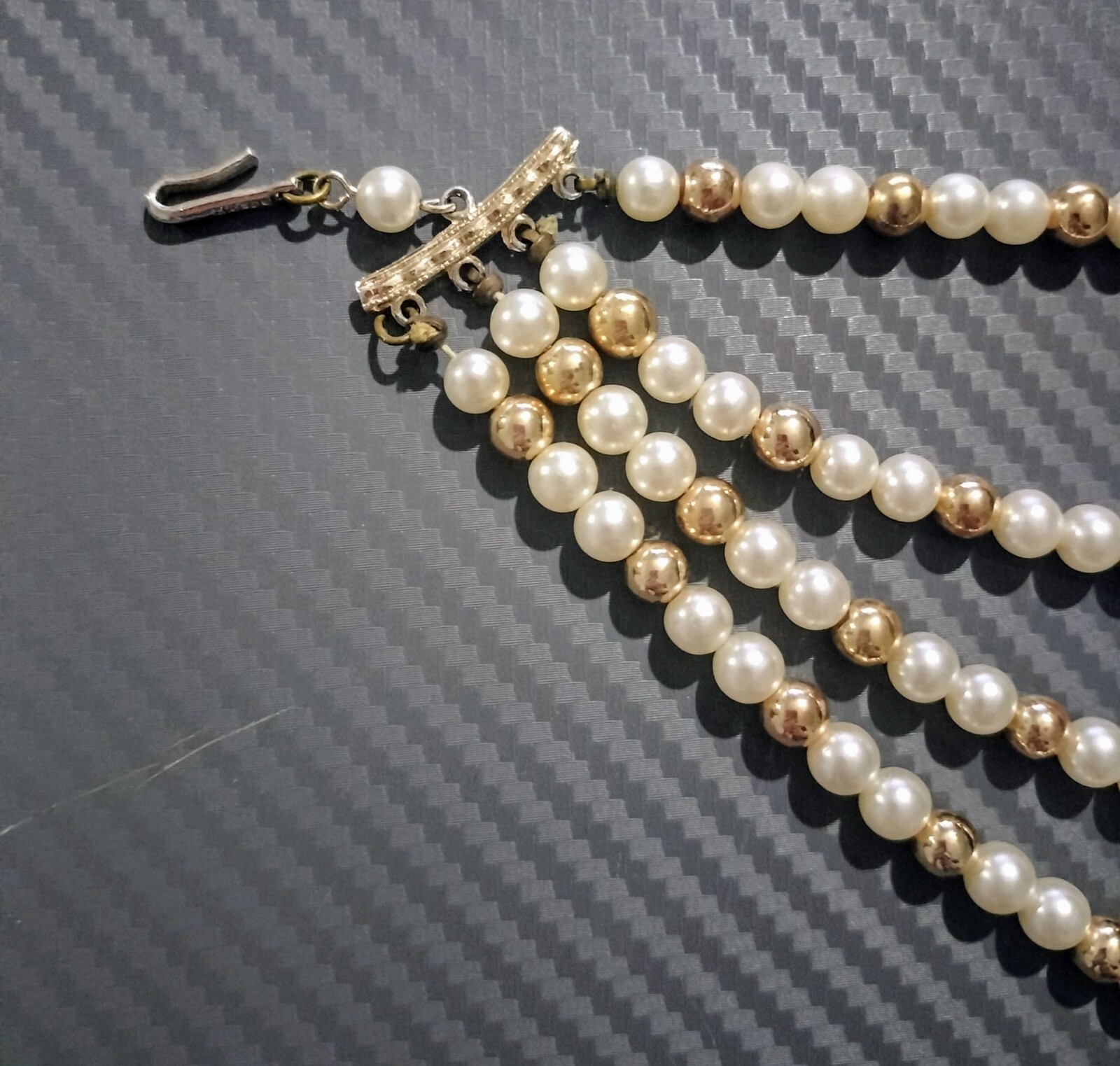 Vintage Multi Strand Faux Pearl Necklace White Gold Tone Decorative Hook Clasp 1