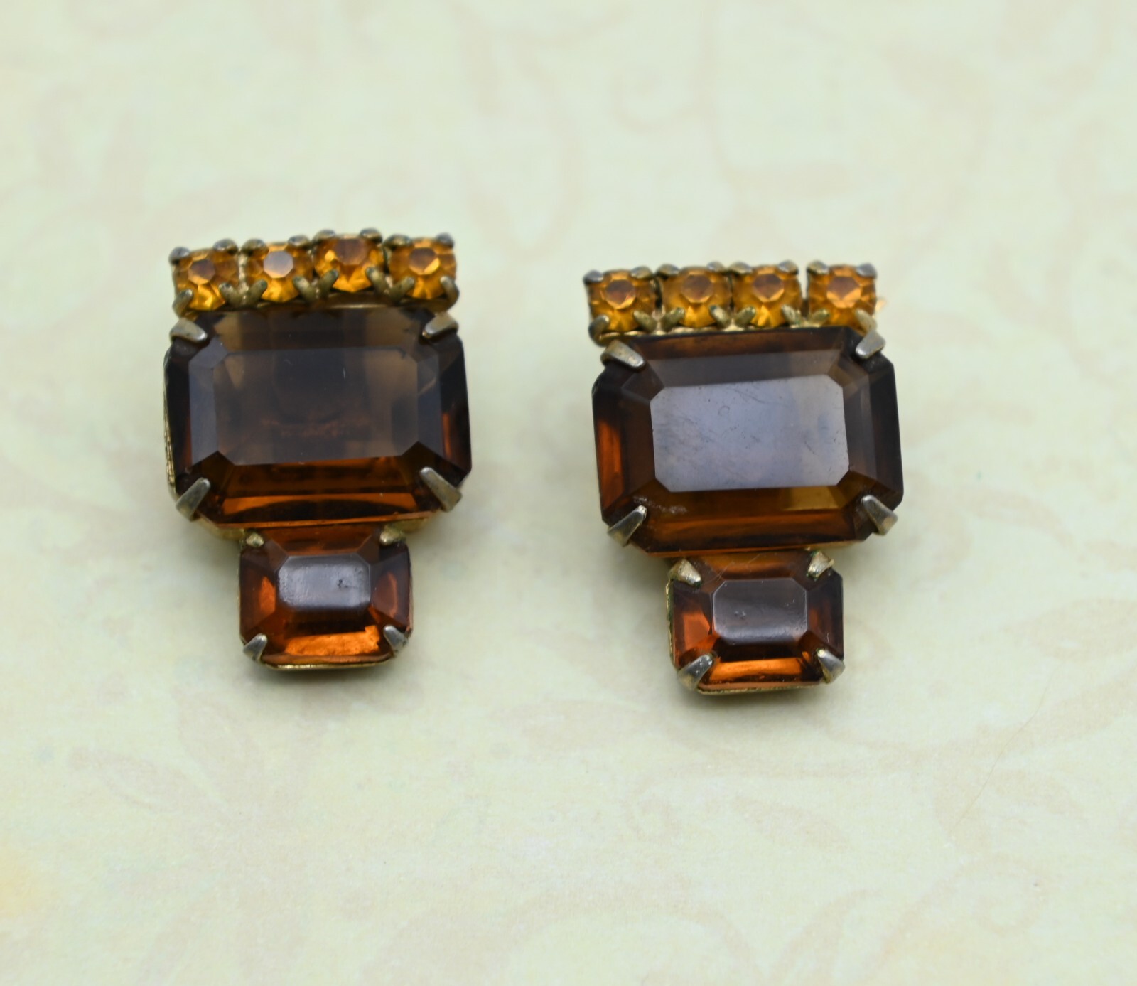 Vintage Open Back Golden Brown Rhinestone Gold Plated Clip Earrings